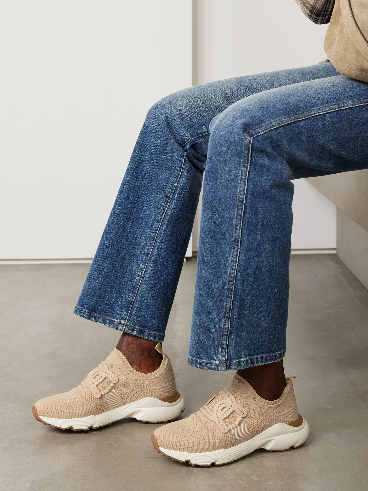Leather-trimmed stretch-knit slip-on sneakers Beige - 2