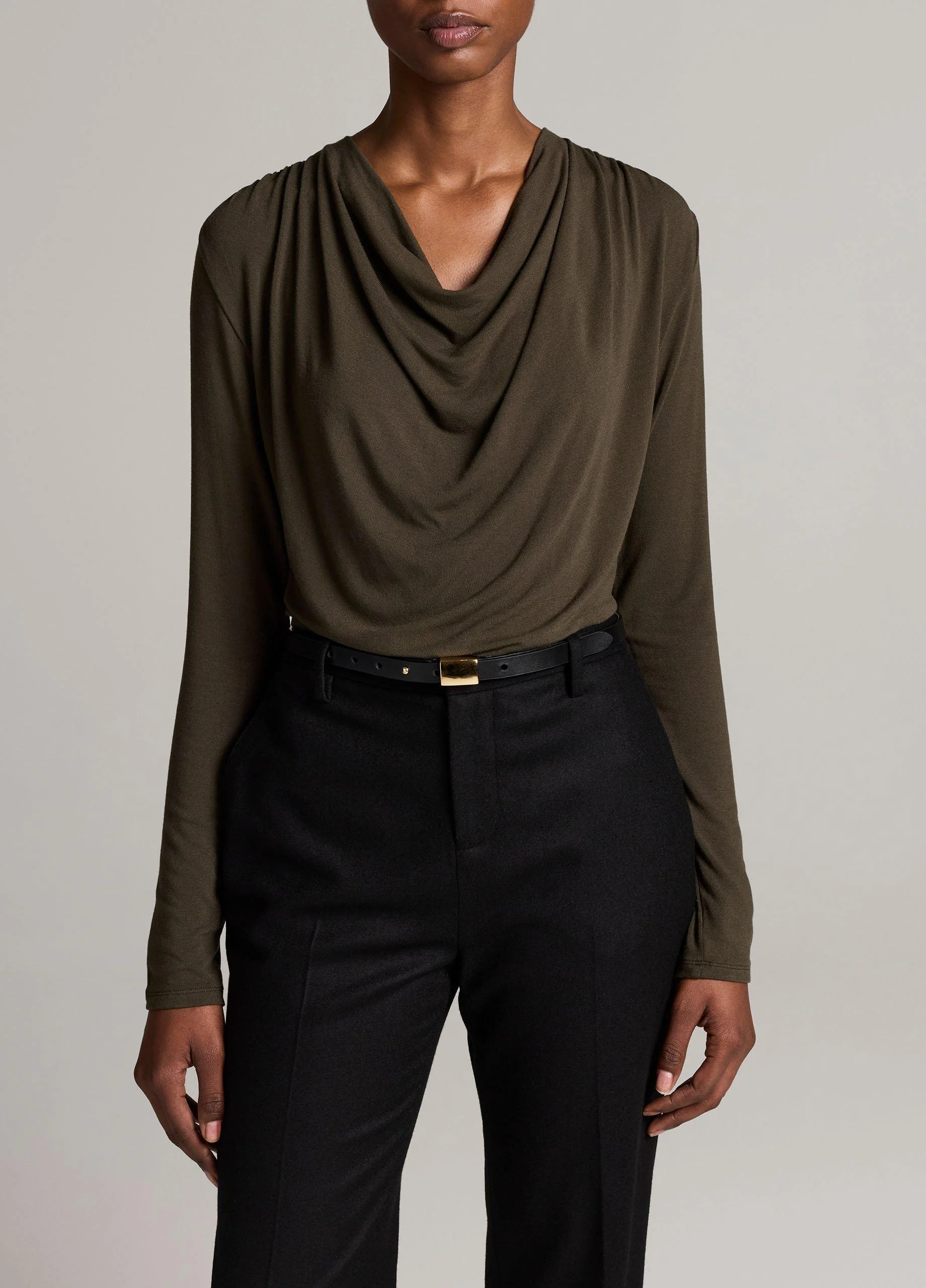 Jersey Draped Cowl-Neck Long-Sleeve Top - 1