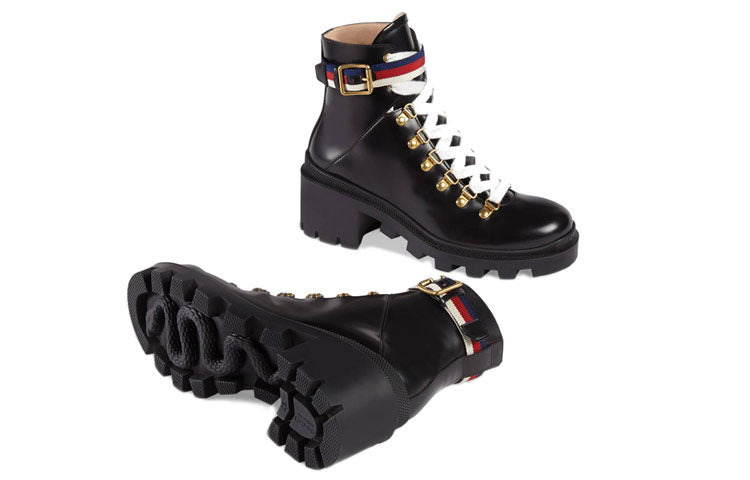 (WMNS) Gucci Sylvie Series Webbing Leather Ankle Boots Black 481156-DKS30-1159 - 5