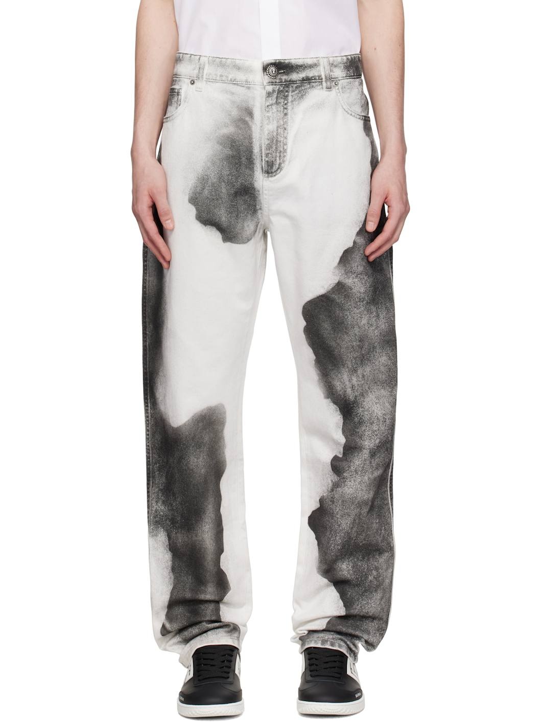 White Regular-Fit Moon Print Jeans - 1