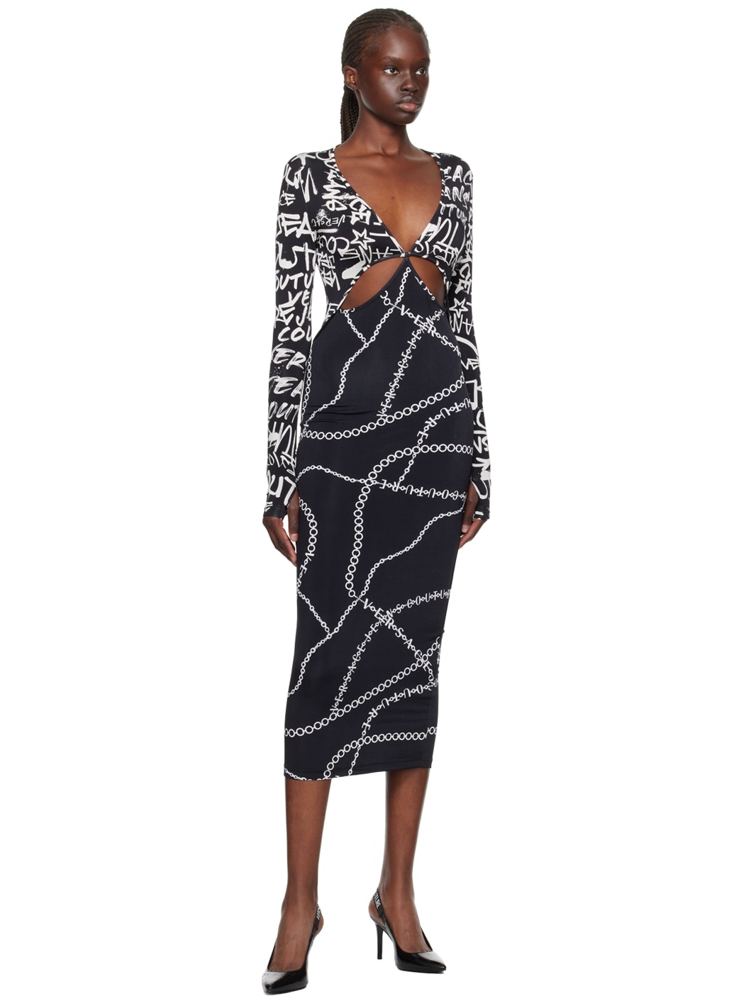 Black Graffiti Cutout Midi Dress - 4