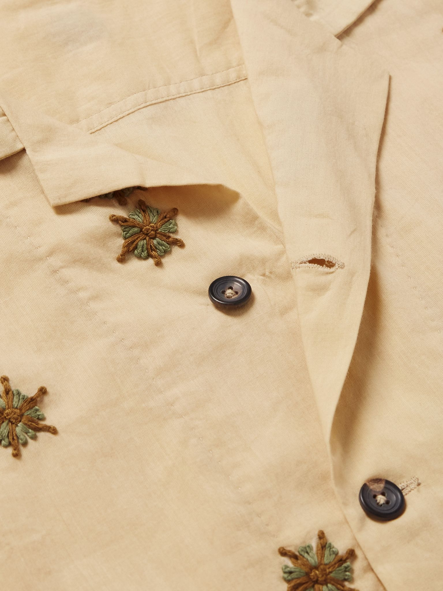Camp-Collar Embroidered Cotton Shirt Cream - 4