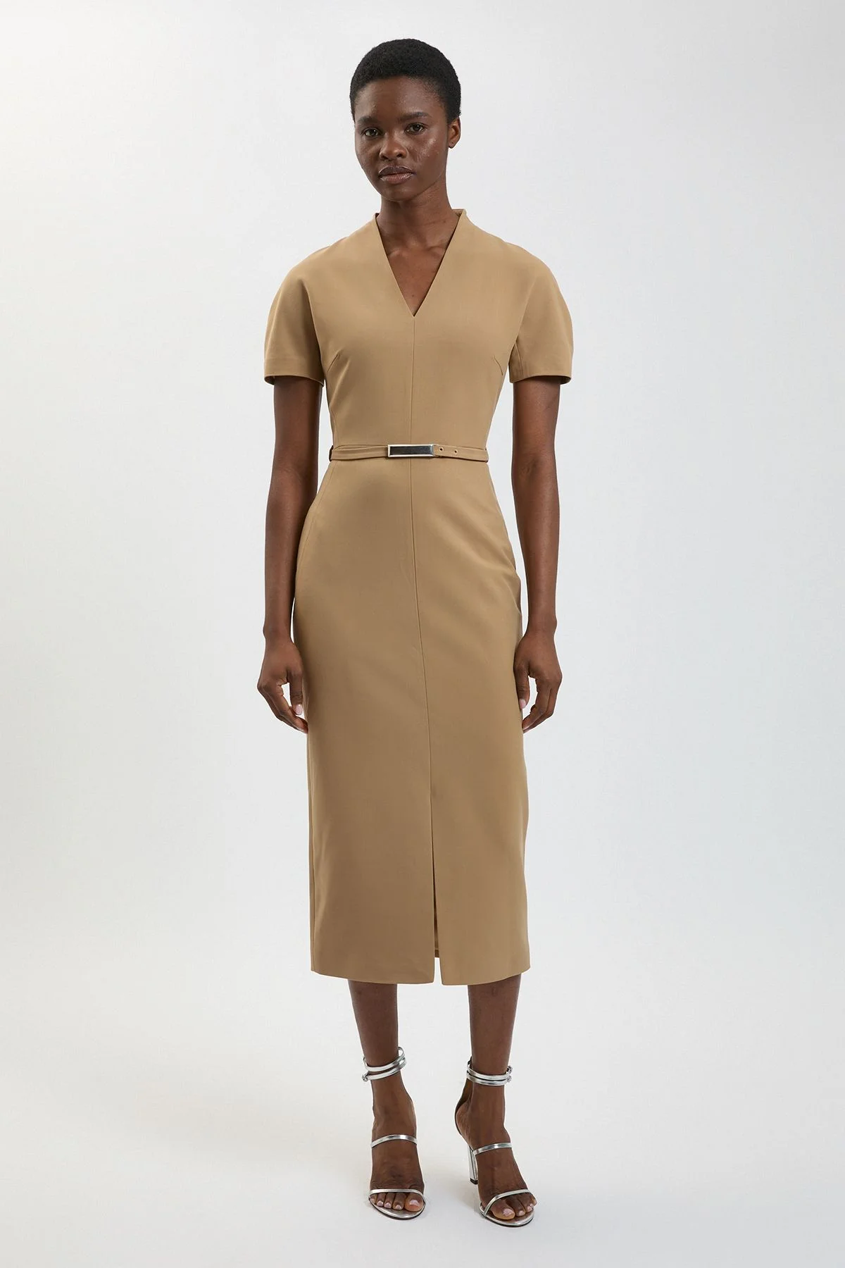 Compact Stretch Tailored Belted Midi Pencil Dress - 1