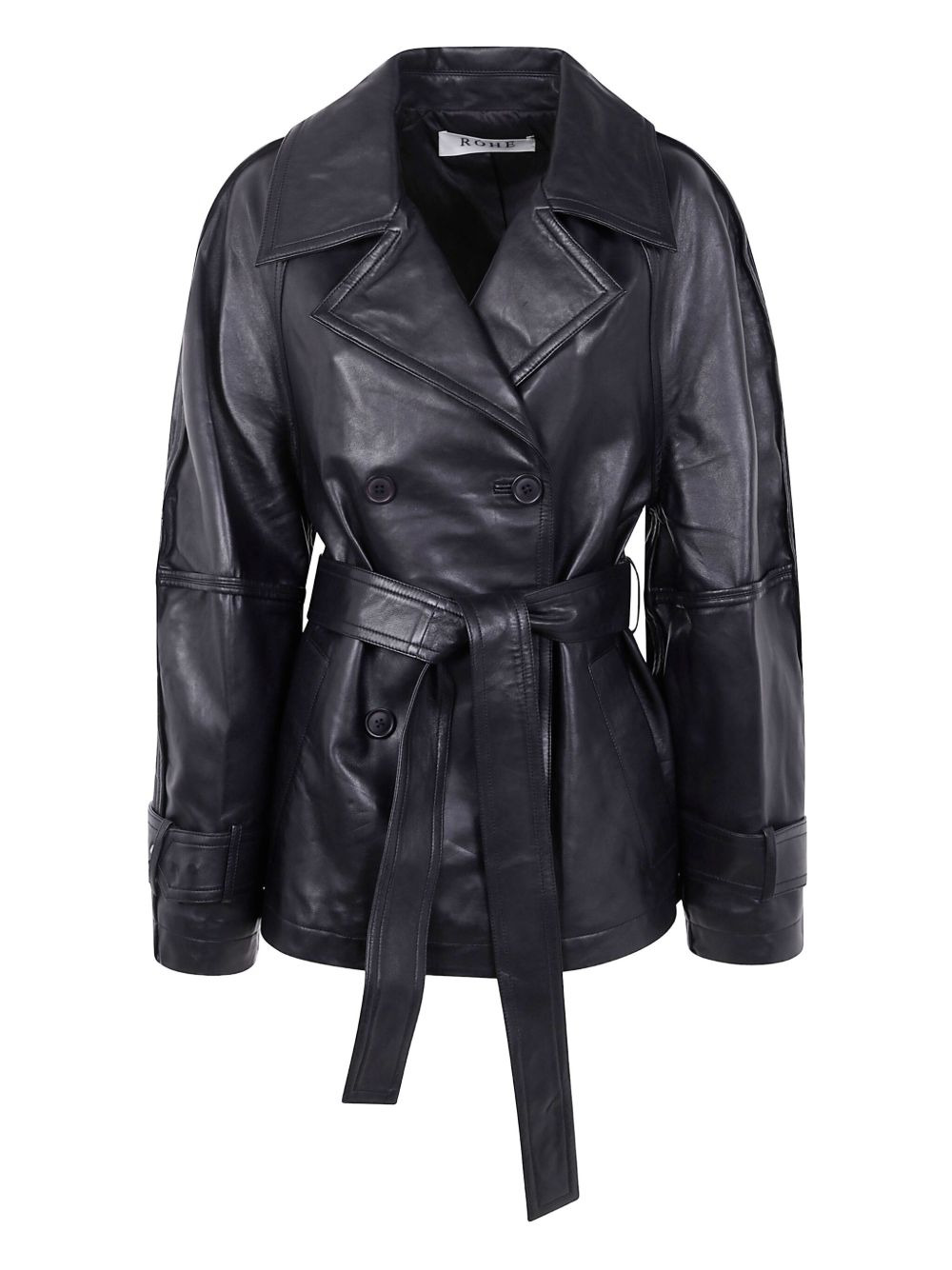 belted double-breasted leather jacket - 1
