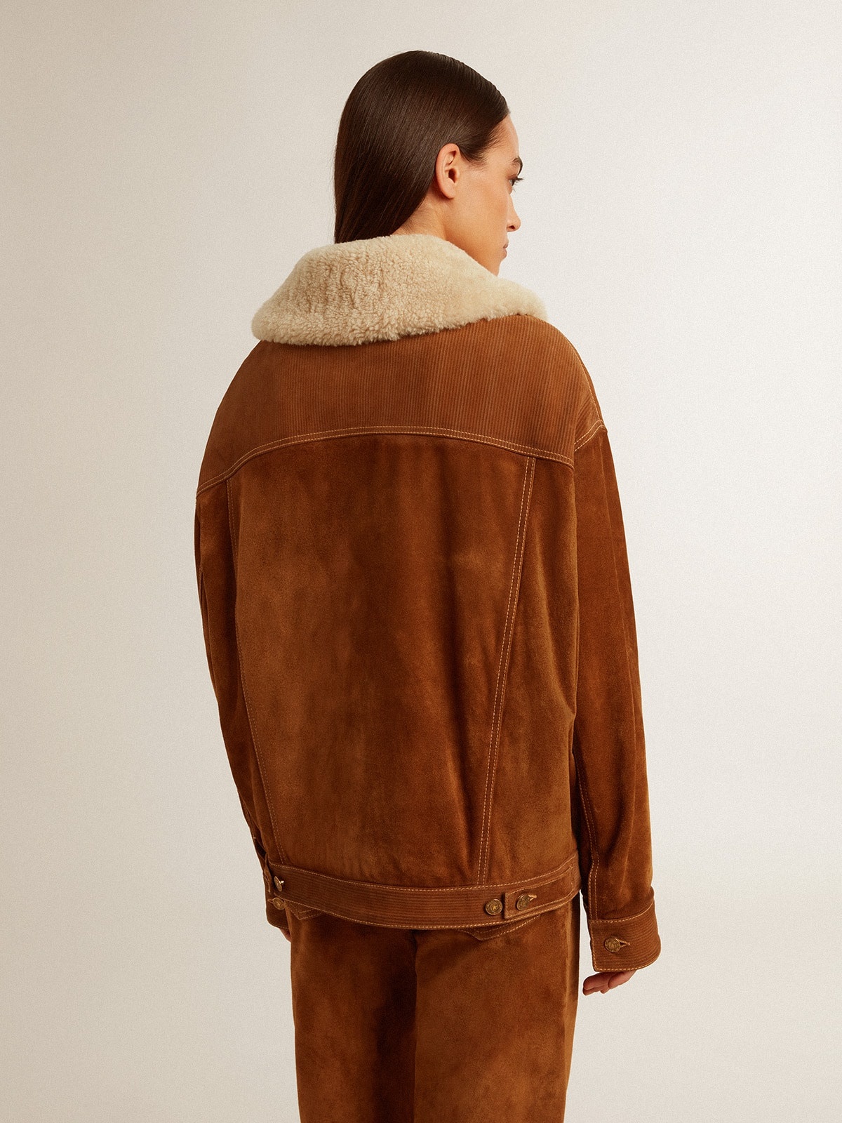 Women's jacket in tobacco-colored split leather with a shearling collar - 5