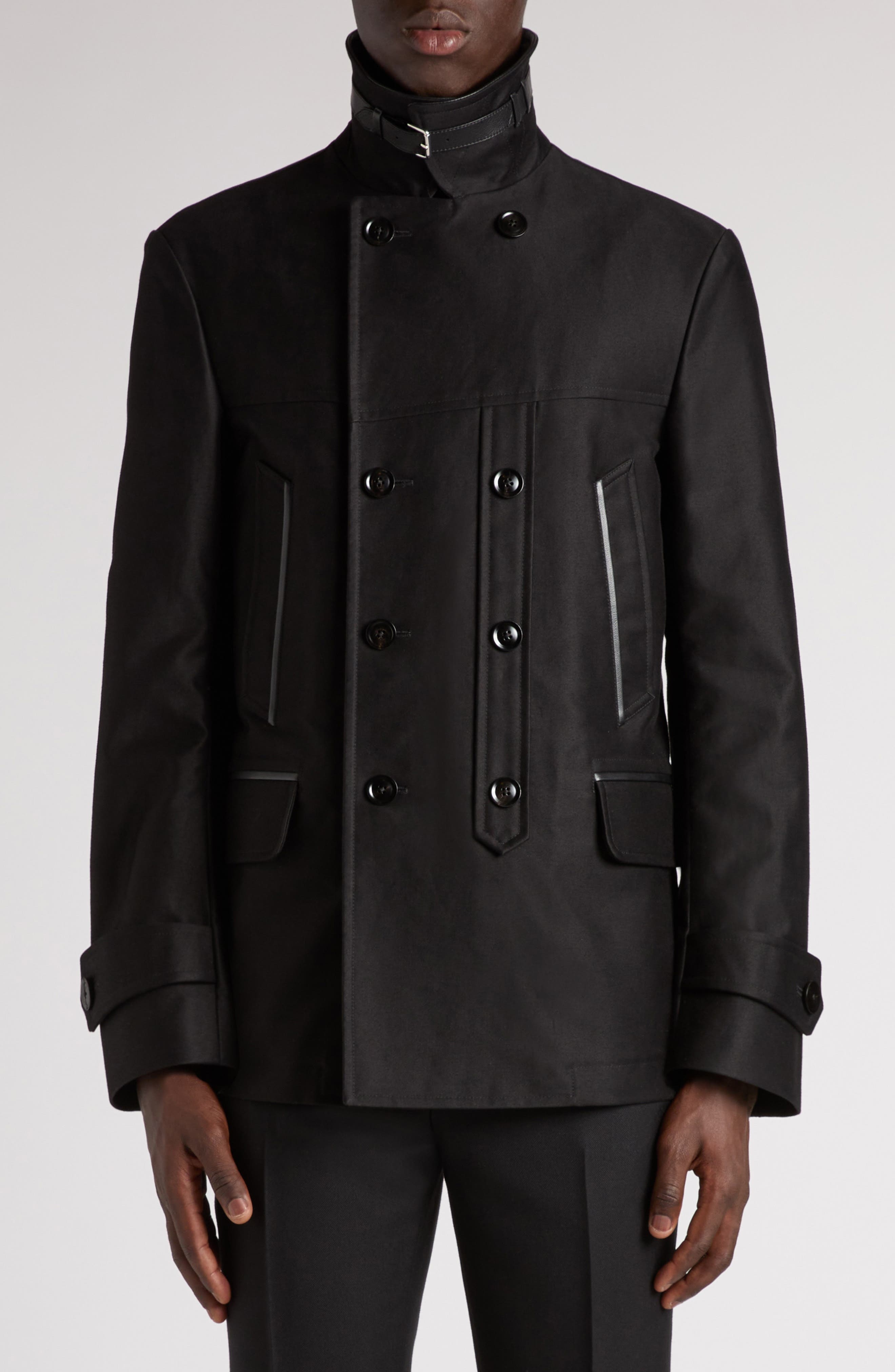 TOM FORD Leather Trimmed Brushed Cotton Satin Peacoat in Black at Nordstrom - 5