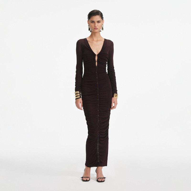 Brown Gathered Viscose Knit Midi Dress - 1