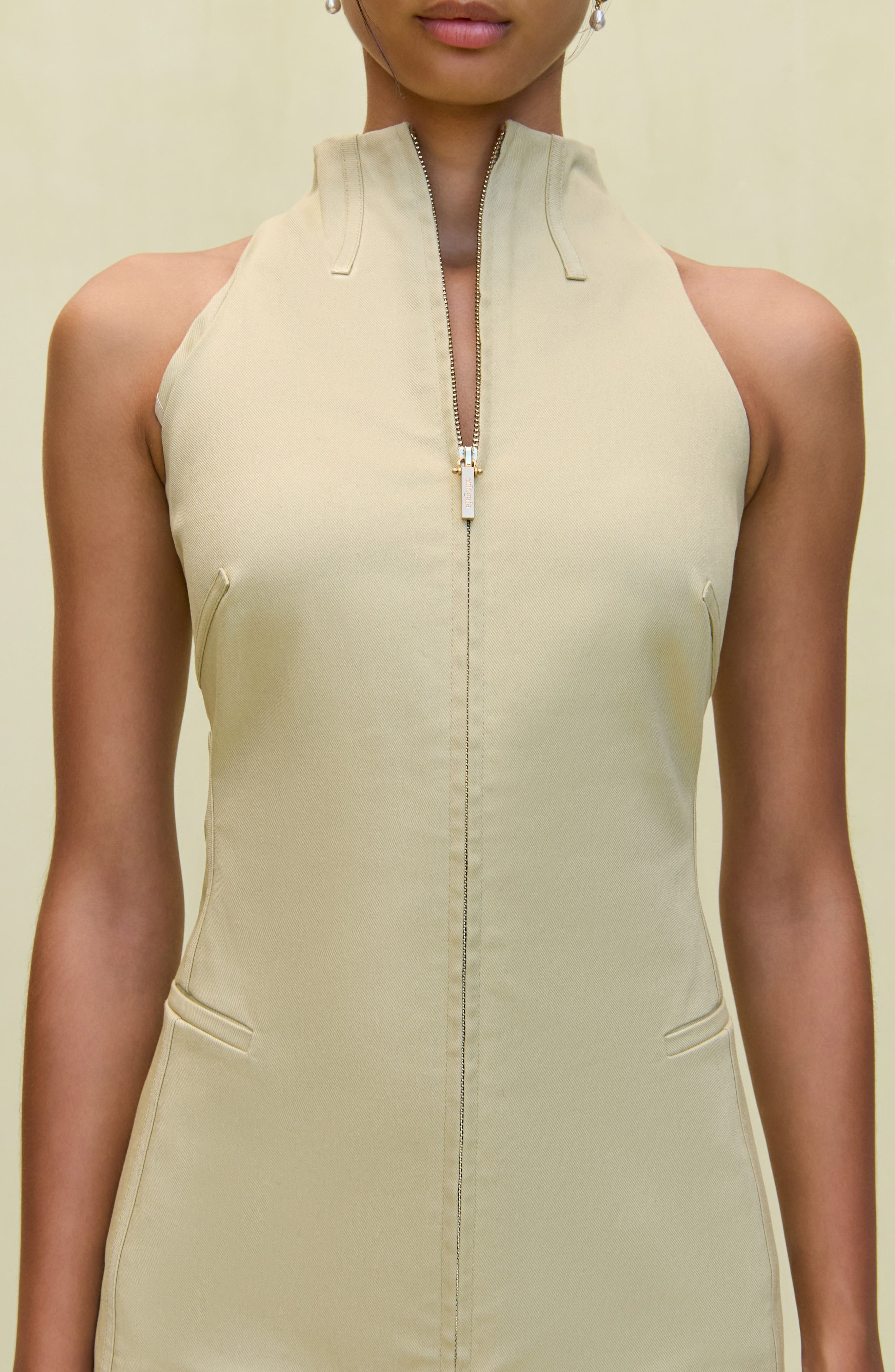 Cult Gaia Morgen High Neck Stretch Cotton Minidress in Khaki at Nordstrom - 4