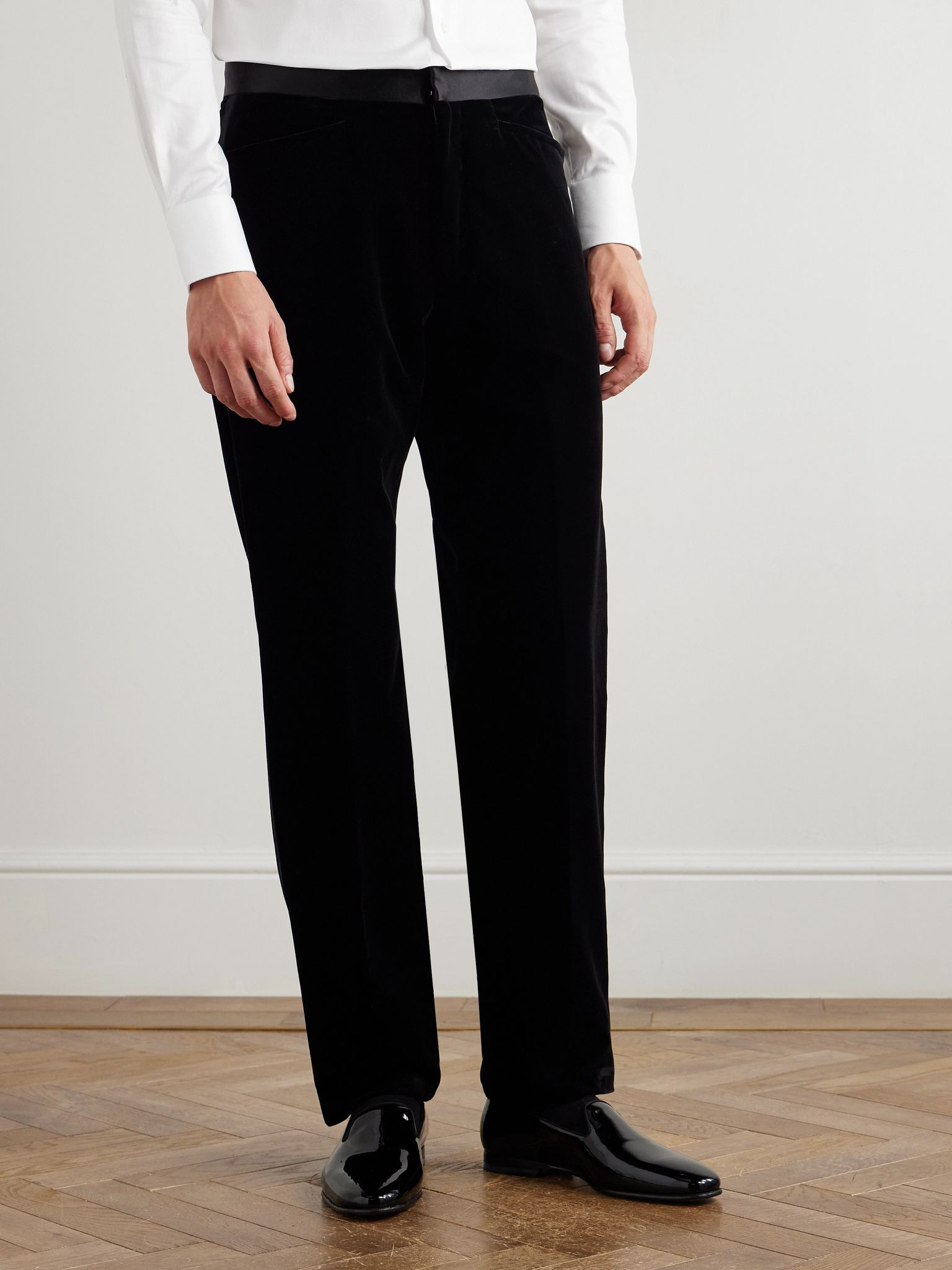 Atticus Straight-Leg Satin-Trimmed Cotton-Velvet Tuxedo Trousers Black - 3