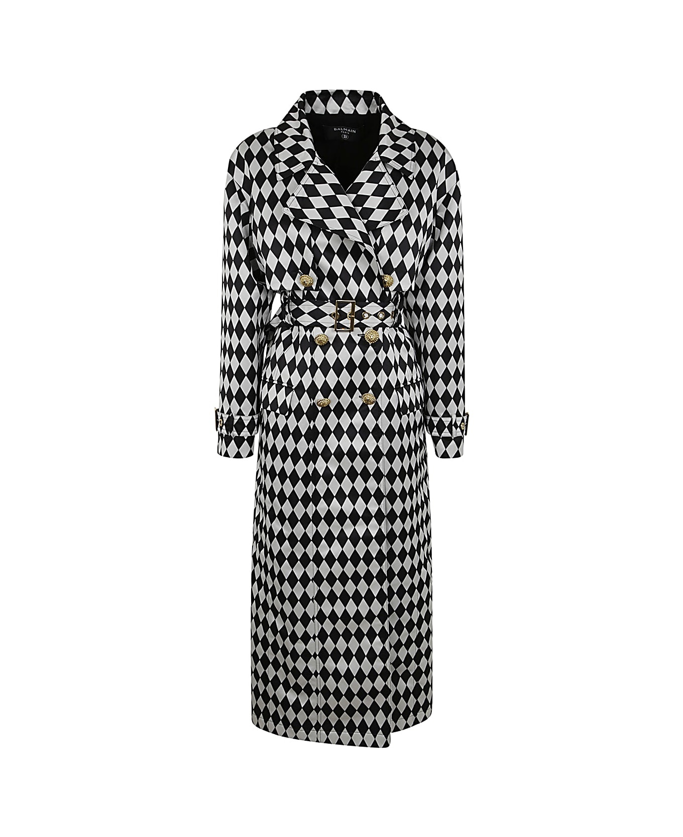 Buttoned Diamond Print Belted Trench - 1