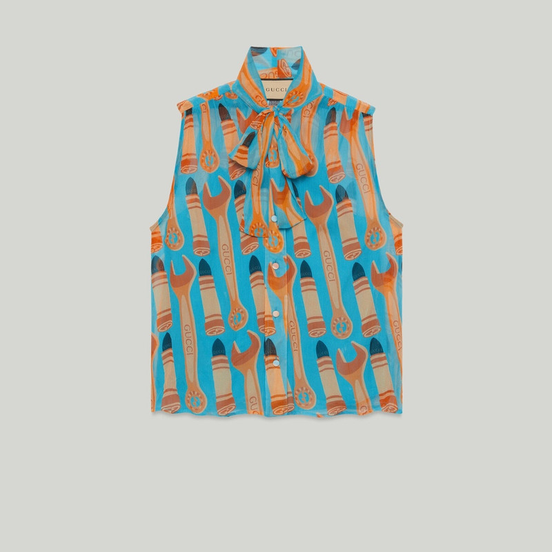 Lipstick and tool print silk shirt 1