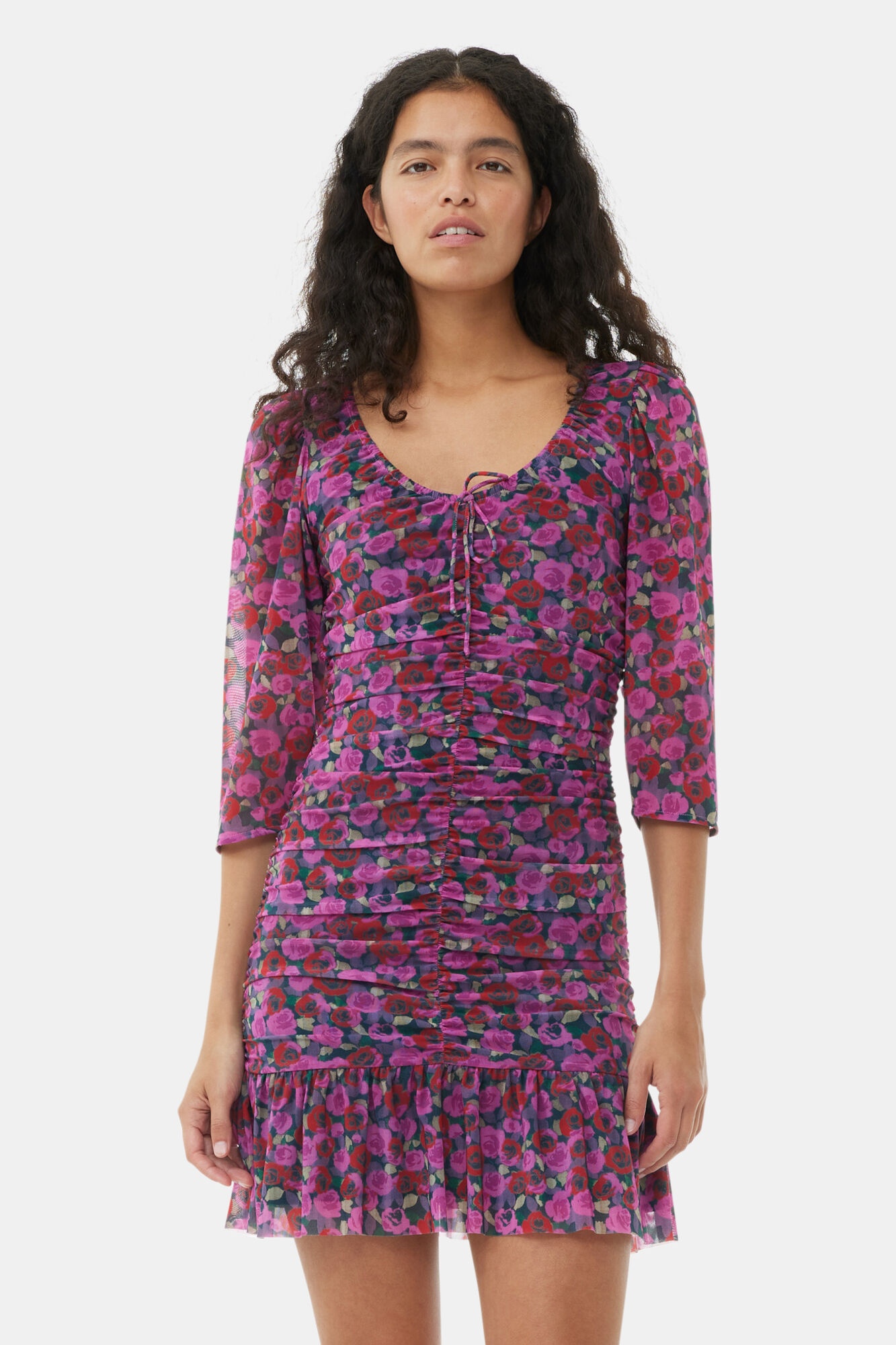 FLORAL MESH FLOUNCE RUCHED MINI DRESS - 3