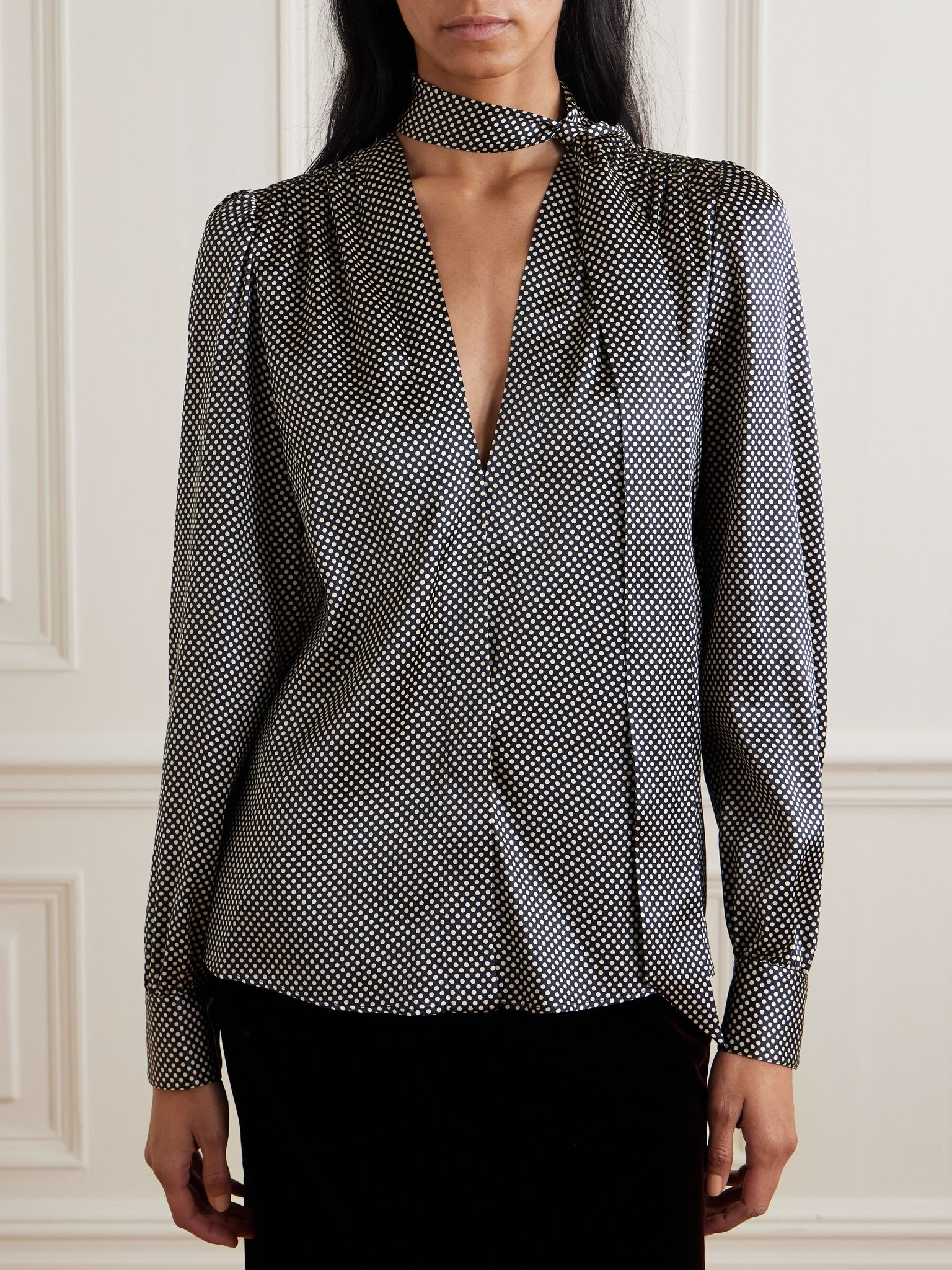Tie-neck polka-dot silk-blend satin blouse Light gray - 3
