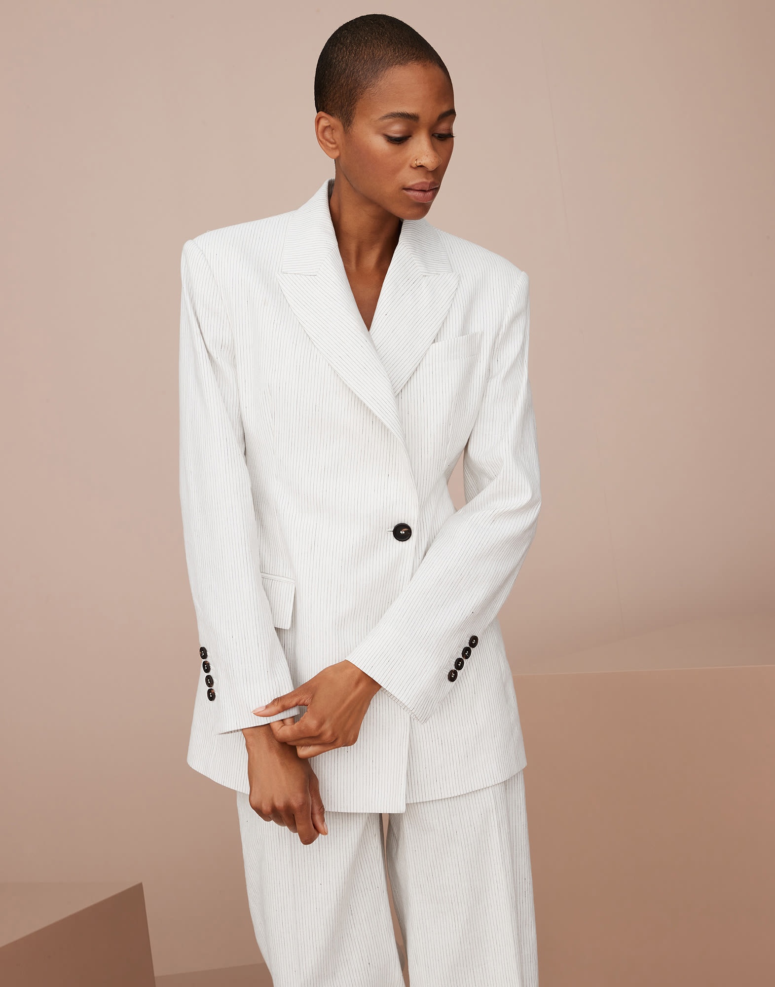 Striped comfort linen and cotton blazer with monili - 1