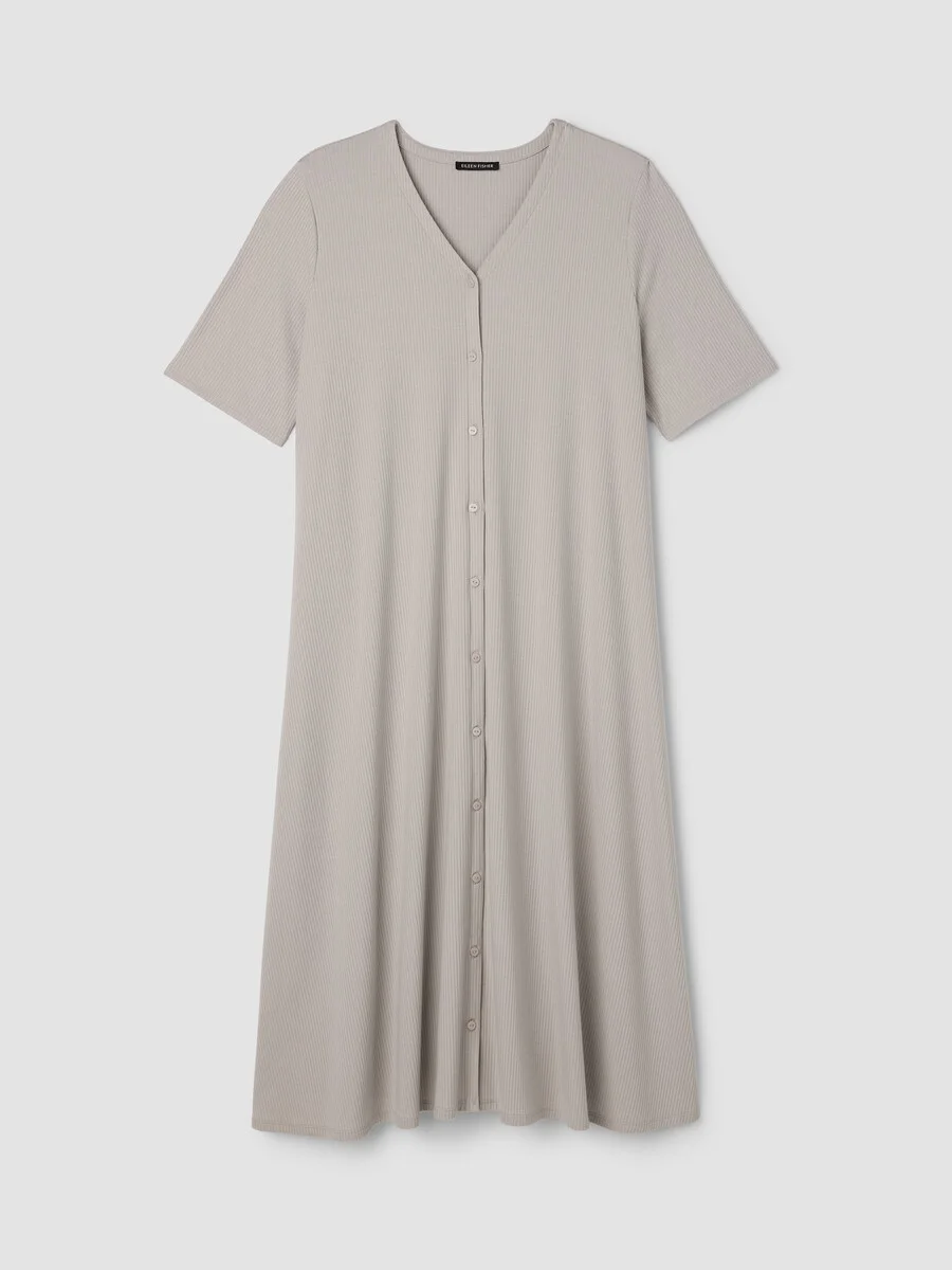 Ribbed Knit V-Neck Dress - 1