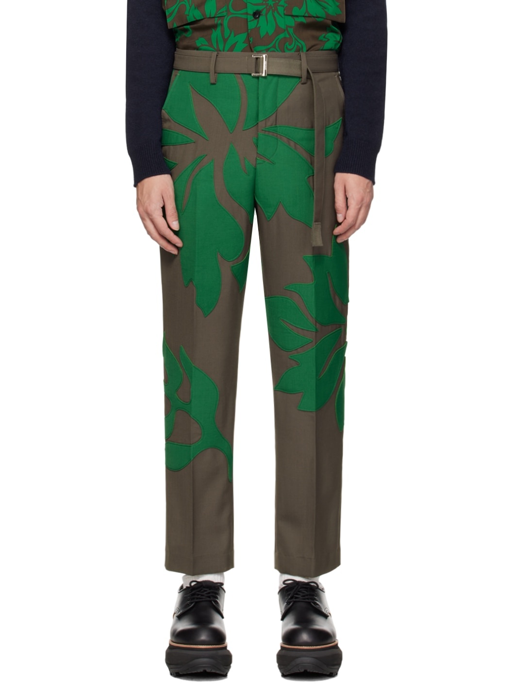 Taupe & Green Floral Appliqué Trousers - 1