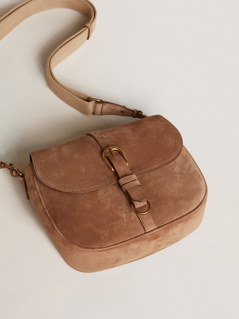 Medium Sally Bag in ash-colored suede with contrasting buckle and shoulder strap 5