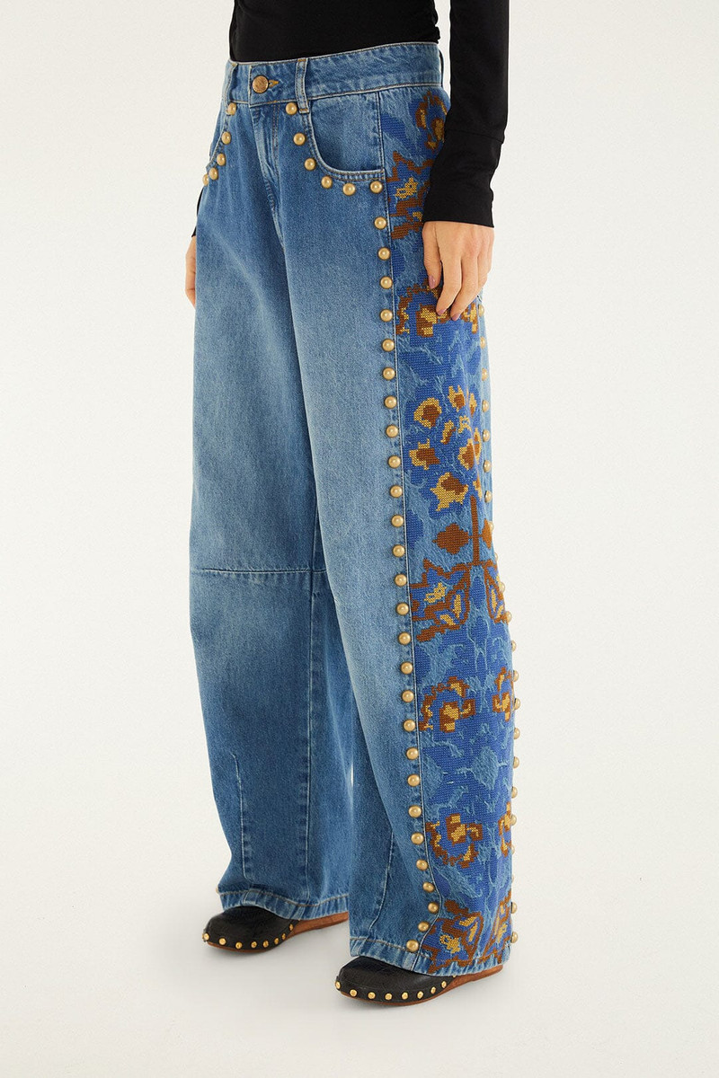 FARM RIO Denim Metal Details Embroidered High Waist Pants outlook