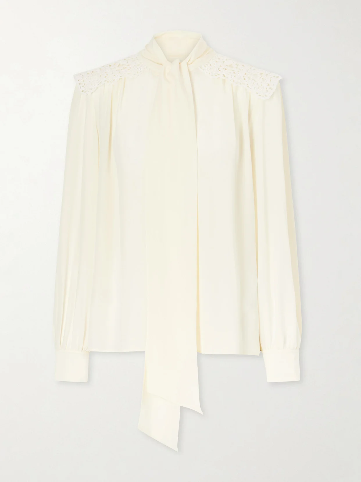Pussy-bow Crochet-trimmed Silk Crepe De Chine Shirt - 1