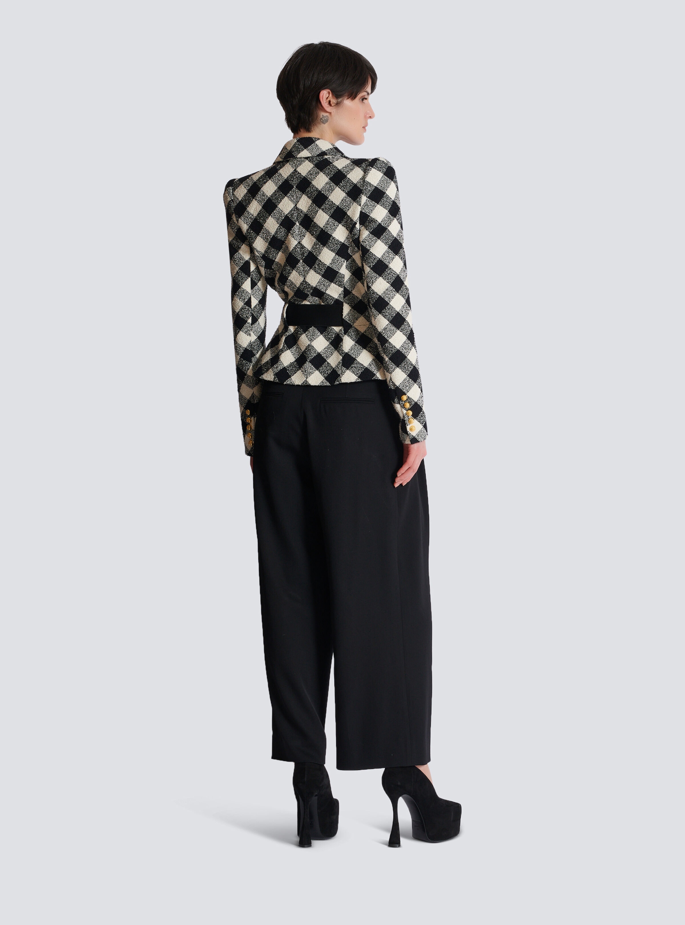 Belted gingham tweed jacket with two Snail buttons - 4