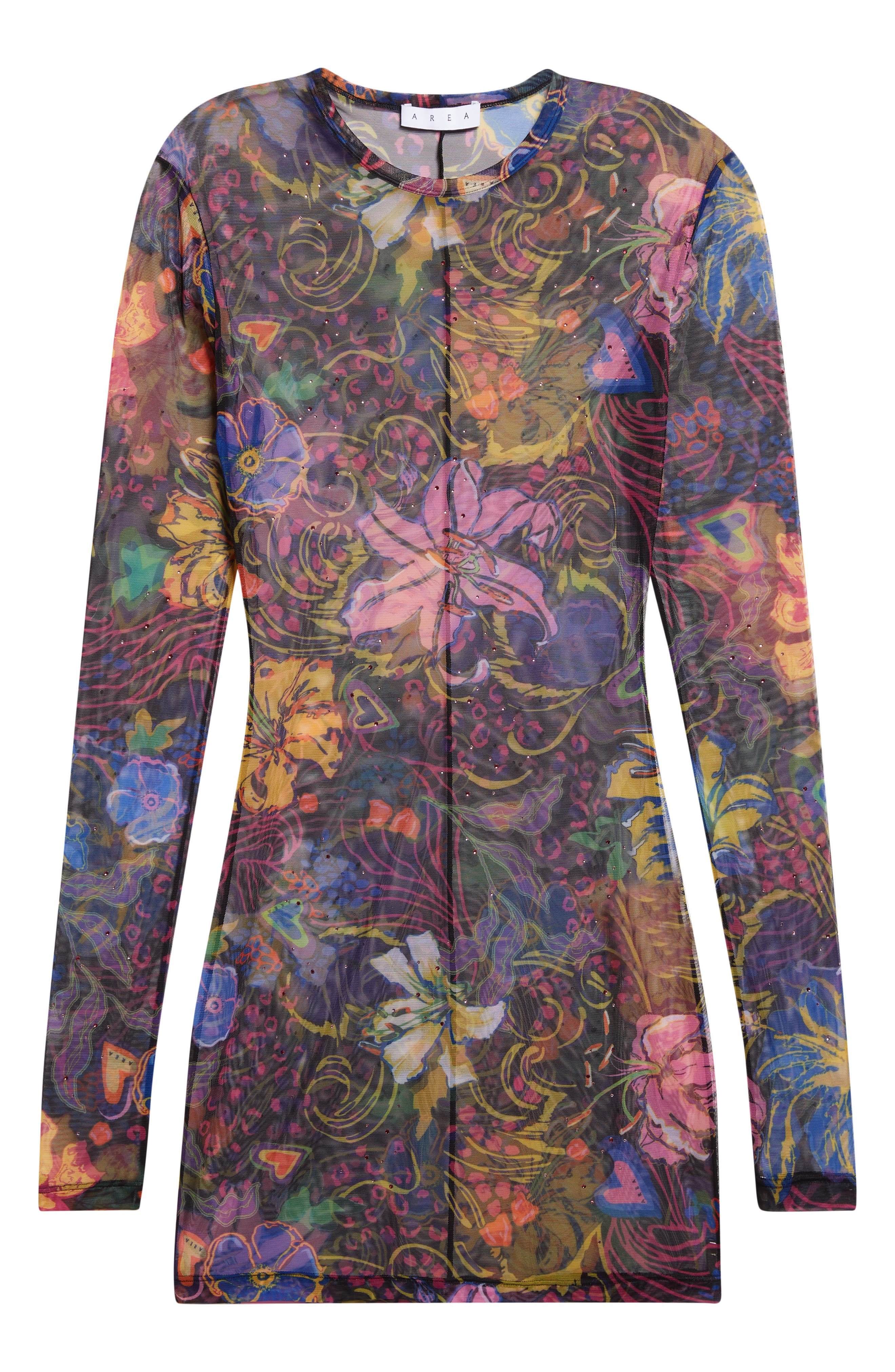Area Hotfix Printed Long Sleeve Tulle Minidress in Black Multi at Nordstrom - 5