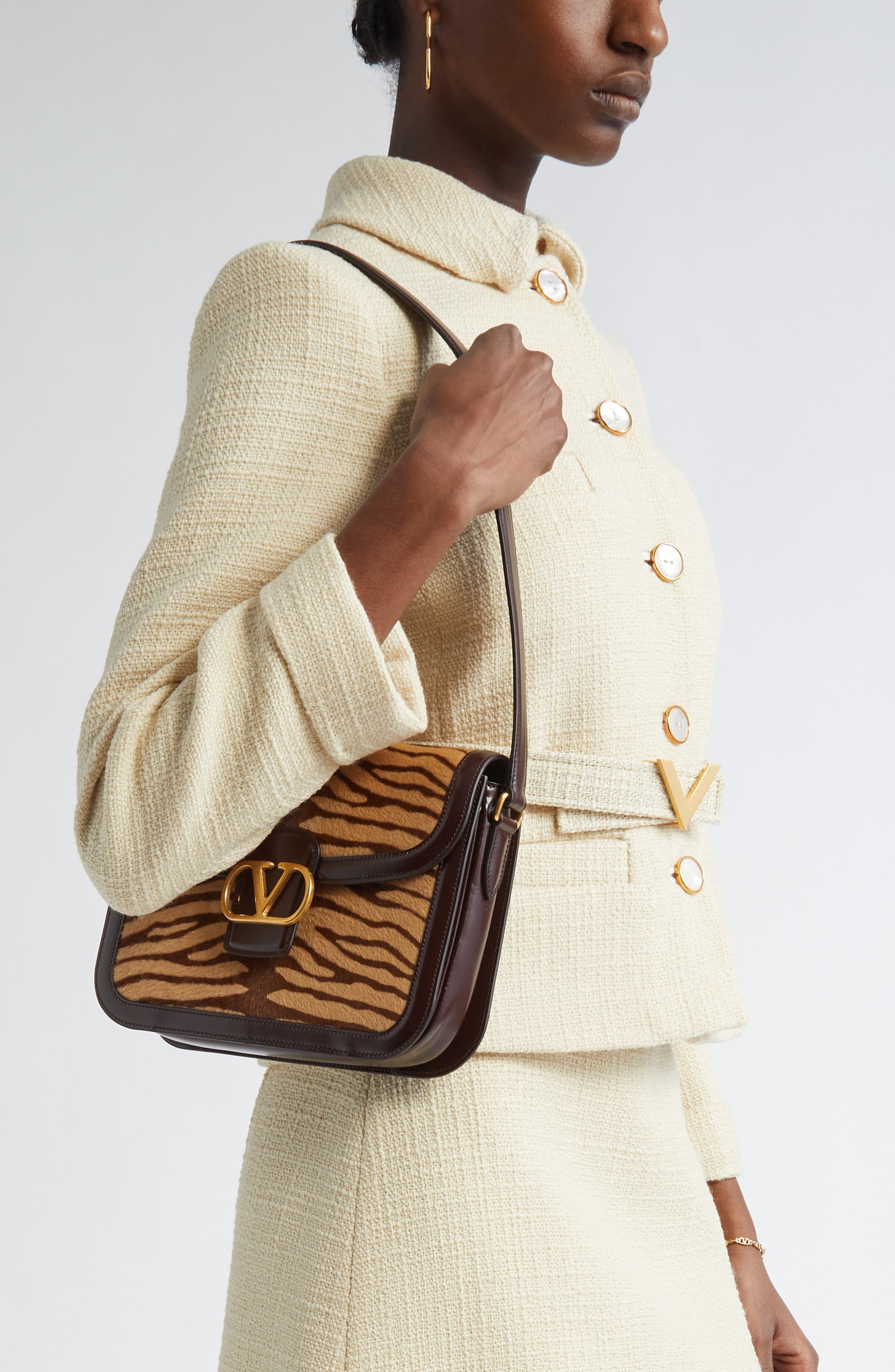 Valentino Garavani 9TO5 Genuine Calf Hair Shoulder Bag in Brown/Beige at Nordstrom - 3