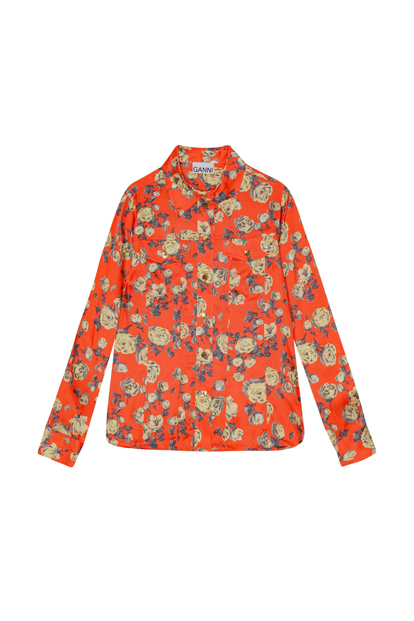 ORANGE FLORAL PRINTED SATIN SHIRT - 1