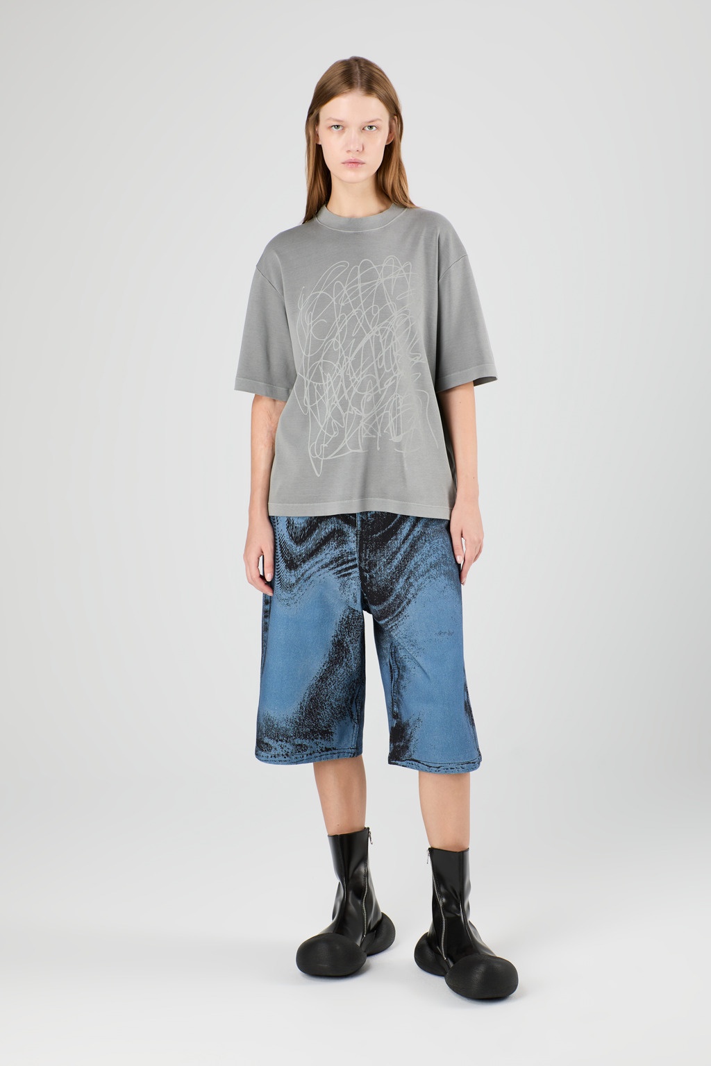 Dark Blue-Black Distorted Print Denim Shorts - 2