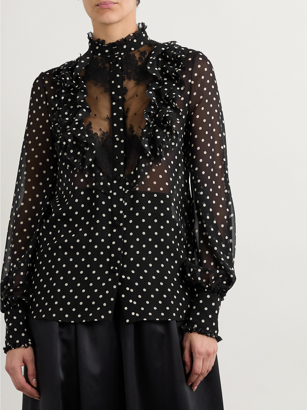 Ruffled Lace-trimmed Polka-dot Silk-chiffon Shirt - 4