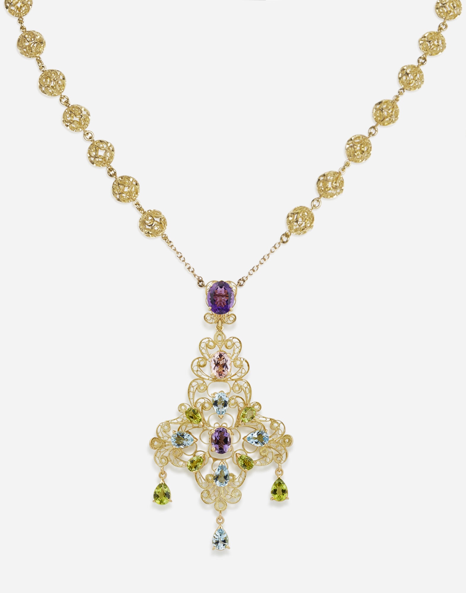 Filigree Necklace 18-carat yellow gold and multicolored gems - 2