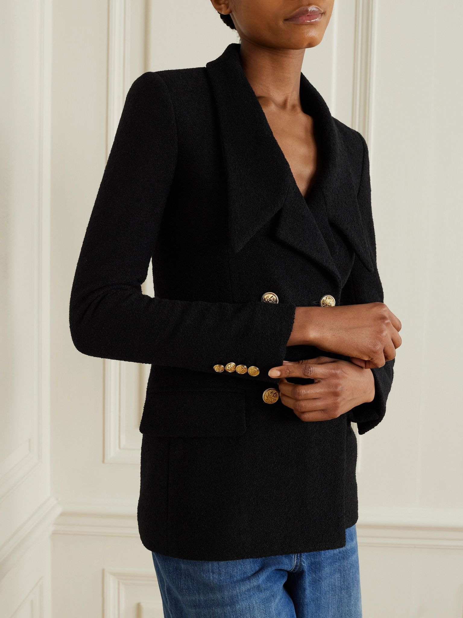 Double-breasted wool-blend blazer Black - 3
