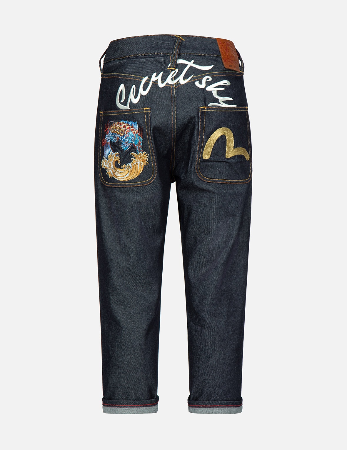 DRAGON-KOI AND SEAGULL EMBROIDERY CROPPED-FIT JEANS #2027 - 2