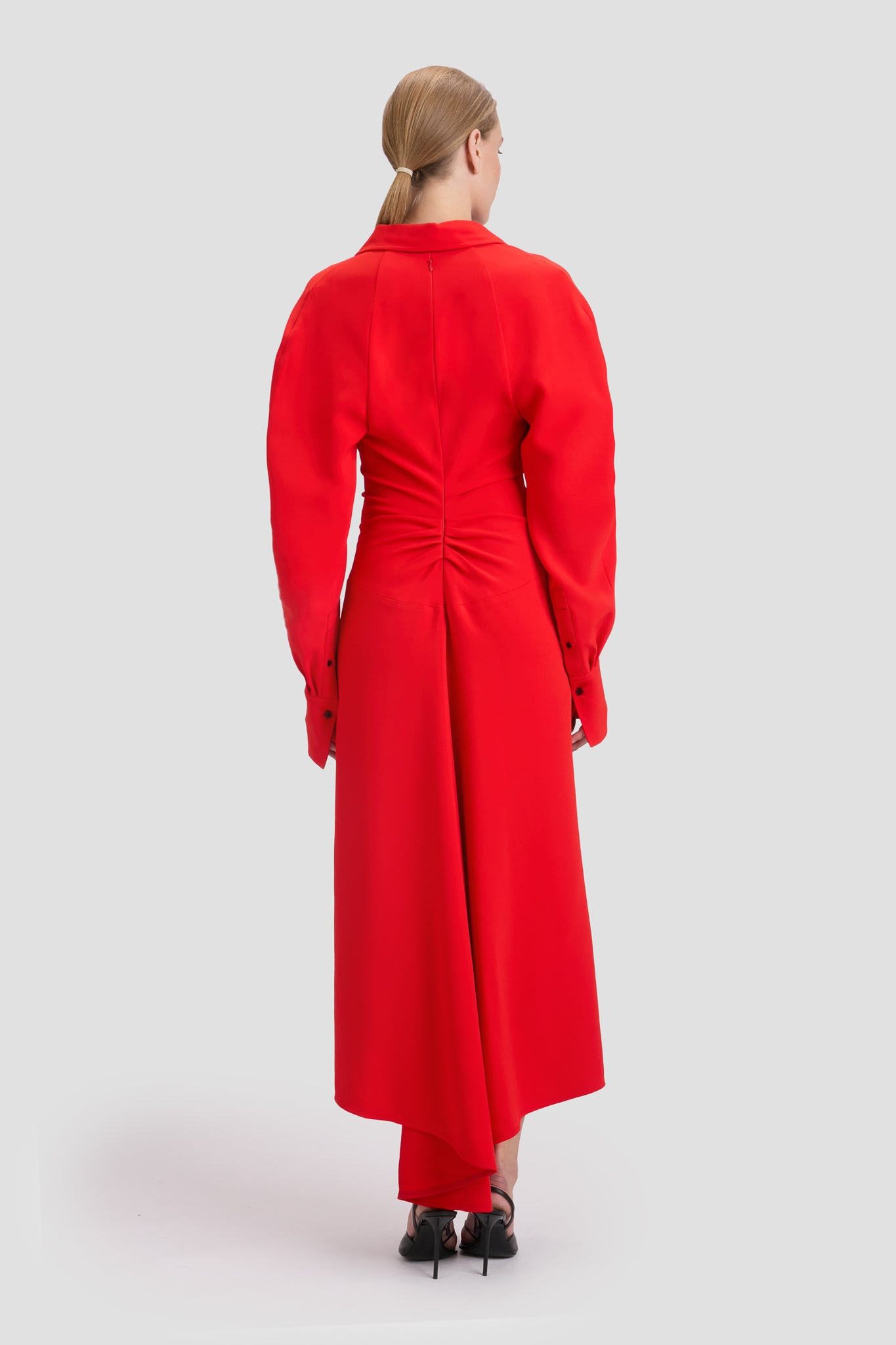 Long Sleeve Polo Collar Midi Dress In Tomato Red - 5