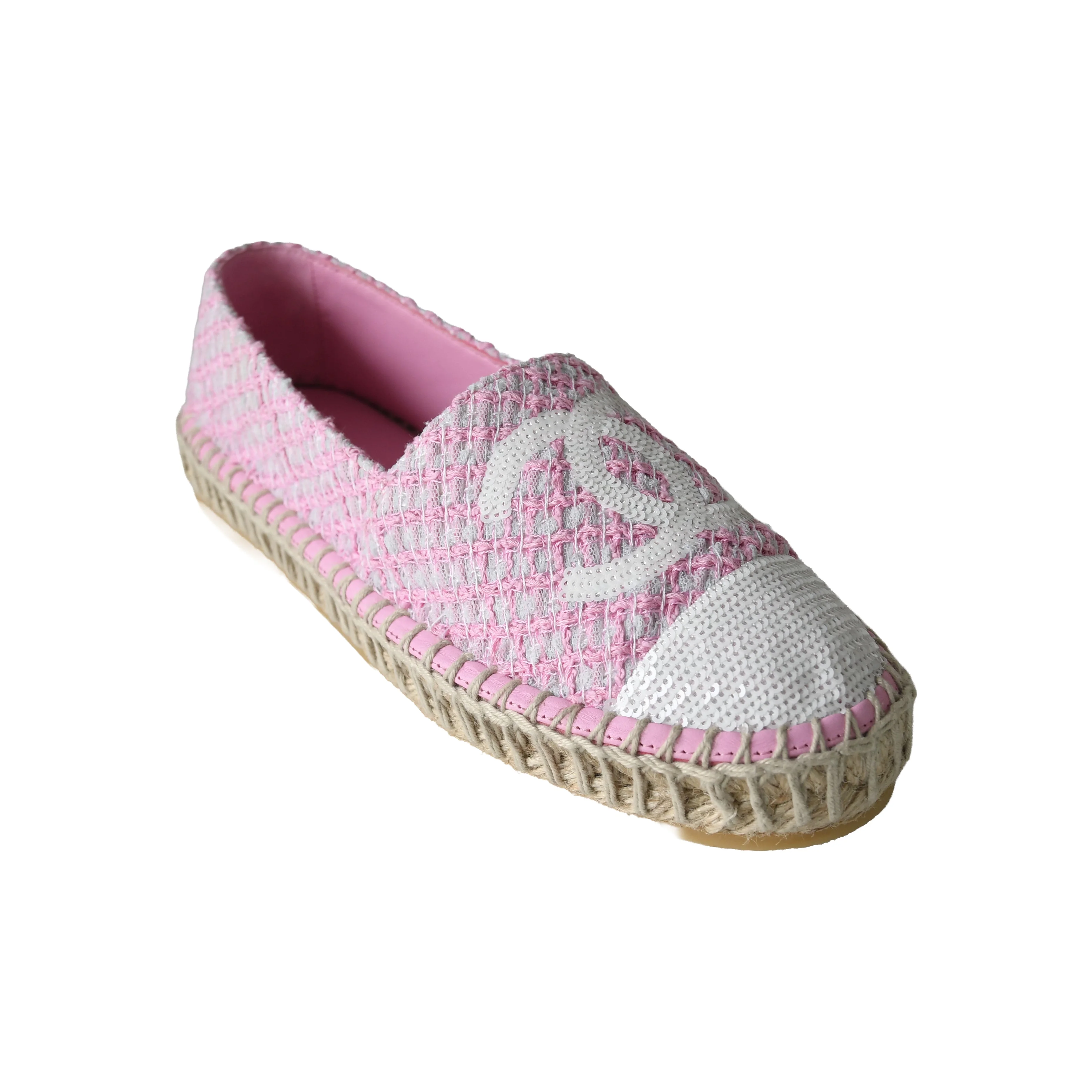 Chanel Espadrilles Tweed Lambskin Flats Light Pink White - 1