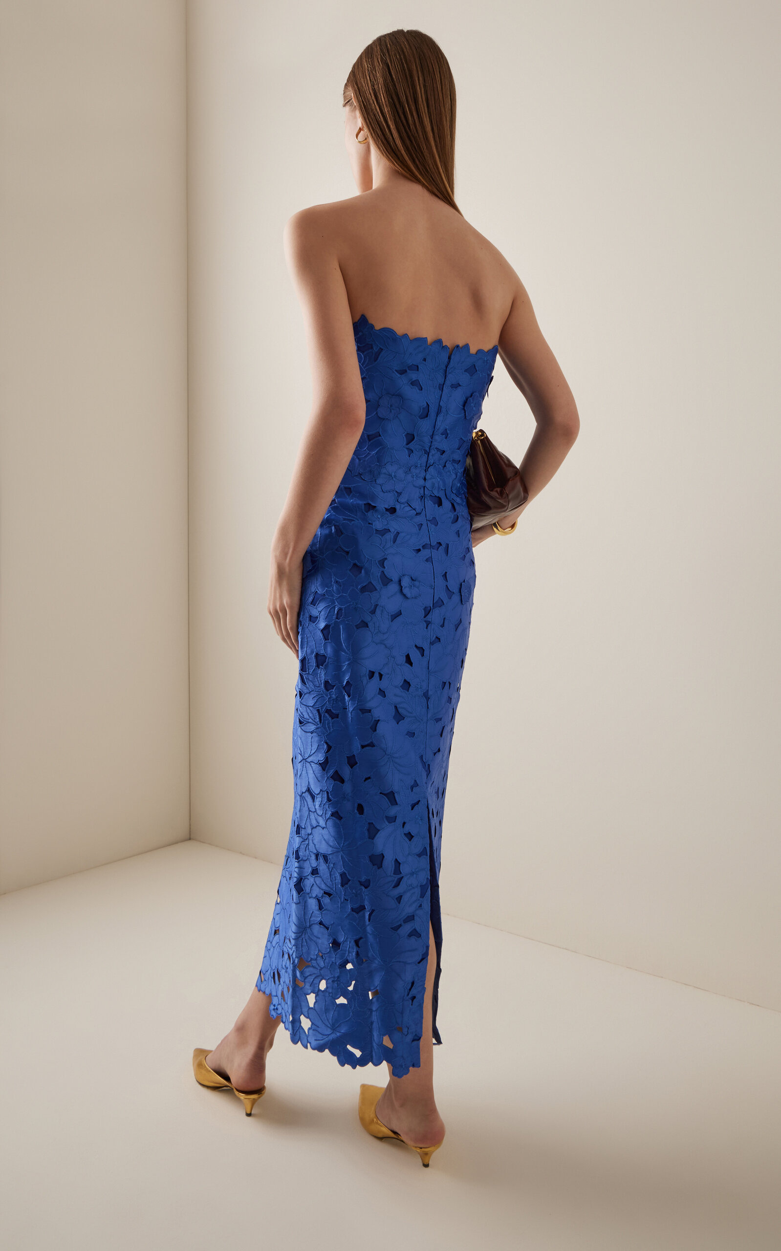 Delmara 3D-Appliqued Satin-Lace Strapless Midi Dress blue - 4