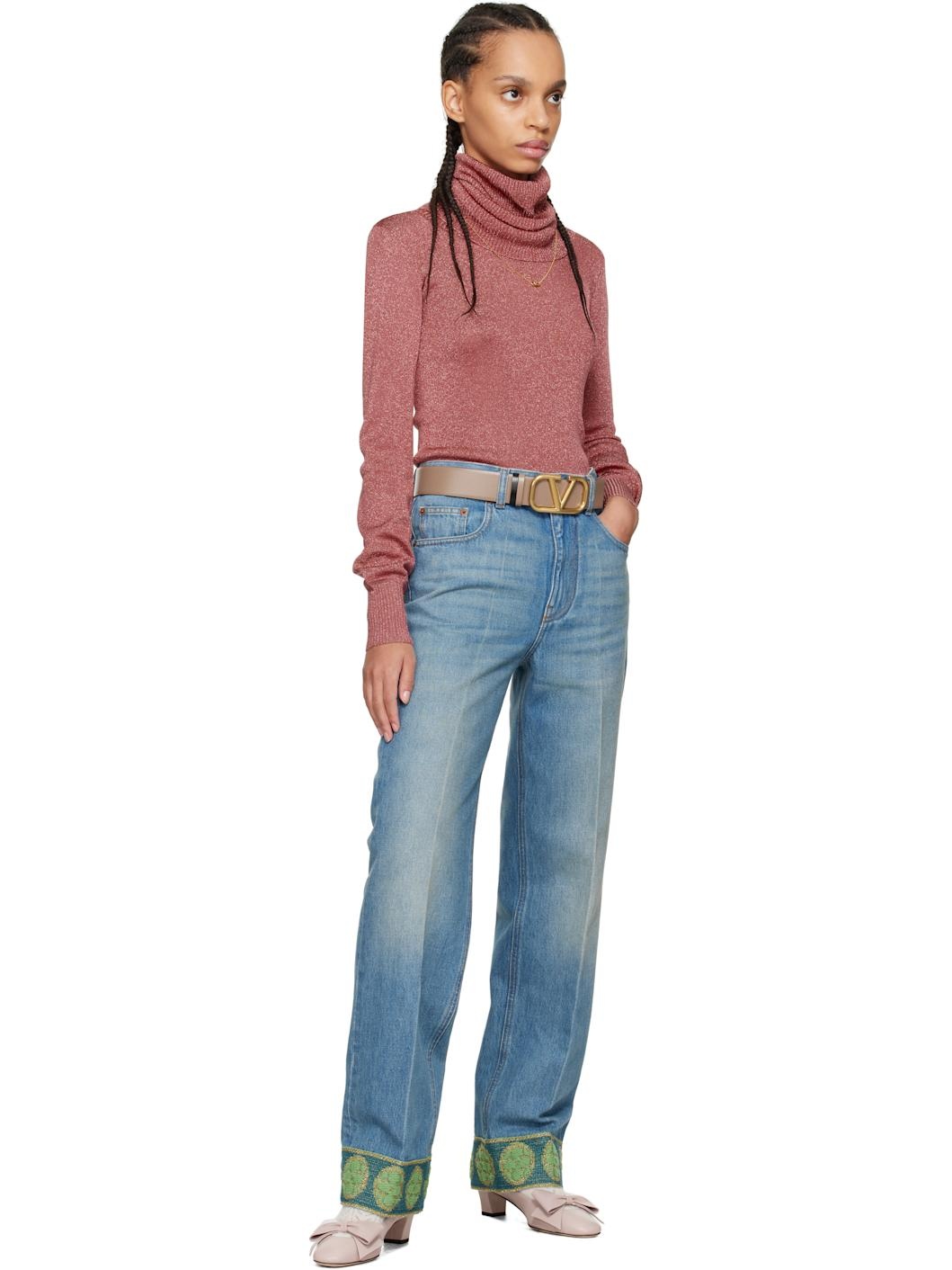 Blue Jacquard Trims Jeans - 5