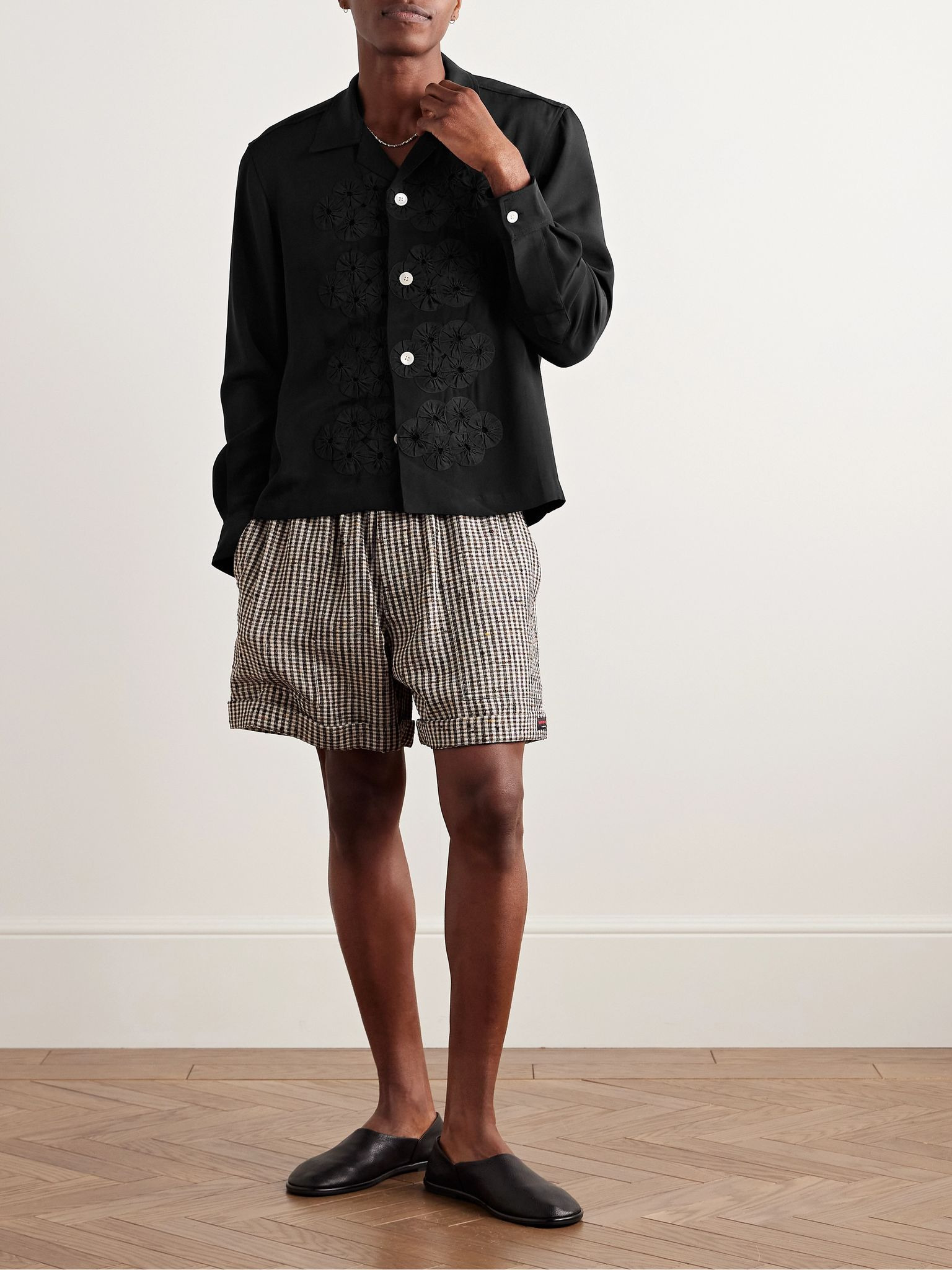 Camp-Collar Appliquéd Silk Shirt Black - 2