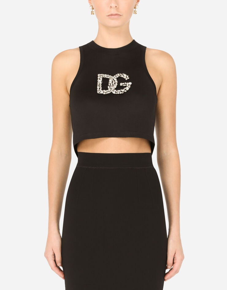 Cropped jersey tank top with crystal DG embellishment - 1