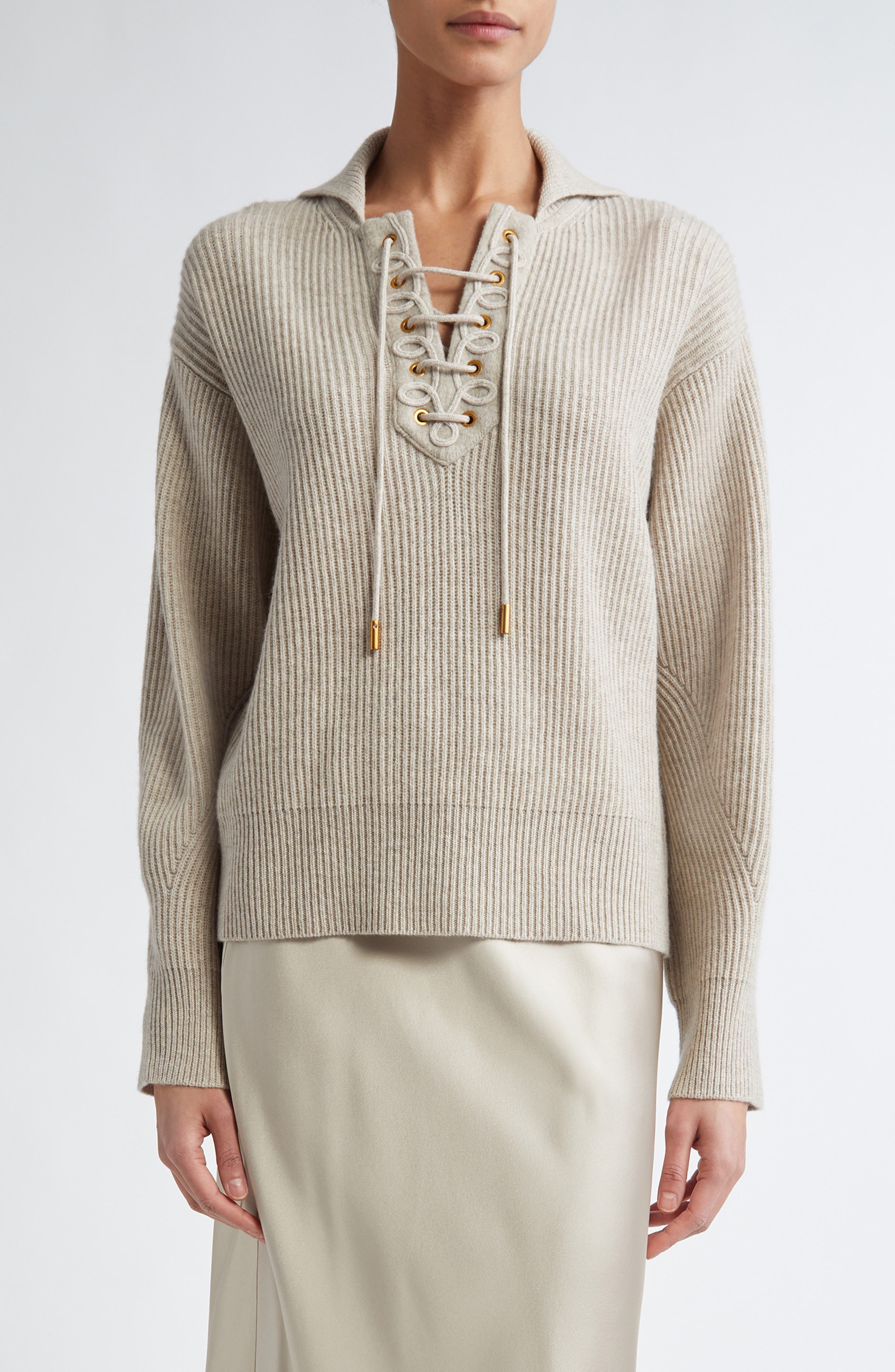 Max Mara Eccelso Lace-Up Wool & Cashmere Sweater in Sand at Nordstrom - 1
