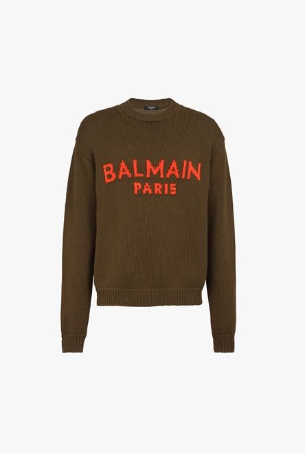 Khaki wool sweater with orange Balmain Paris logo - 1