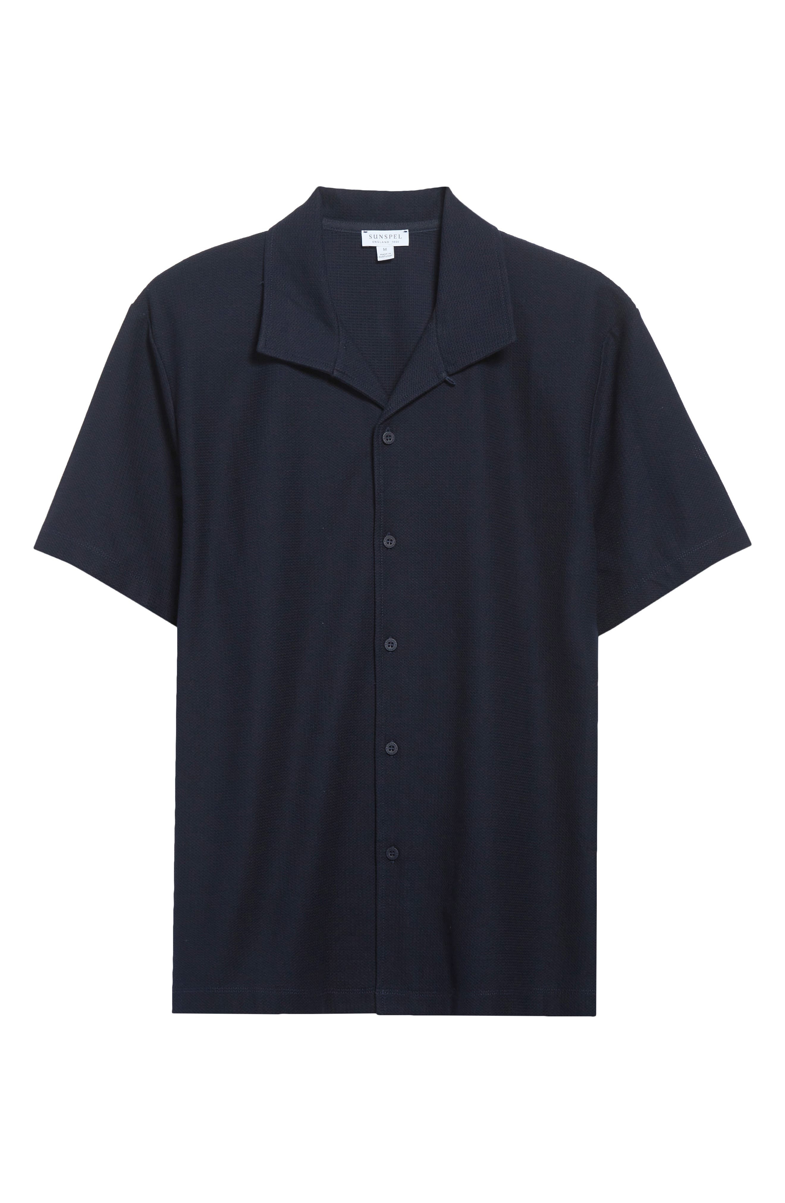 Sunspel Short Sleeve Textured Jersey Button-Up Shirt in Midnight Navy at Nordstrom - 5