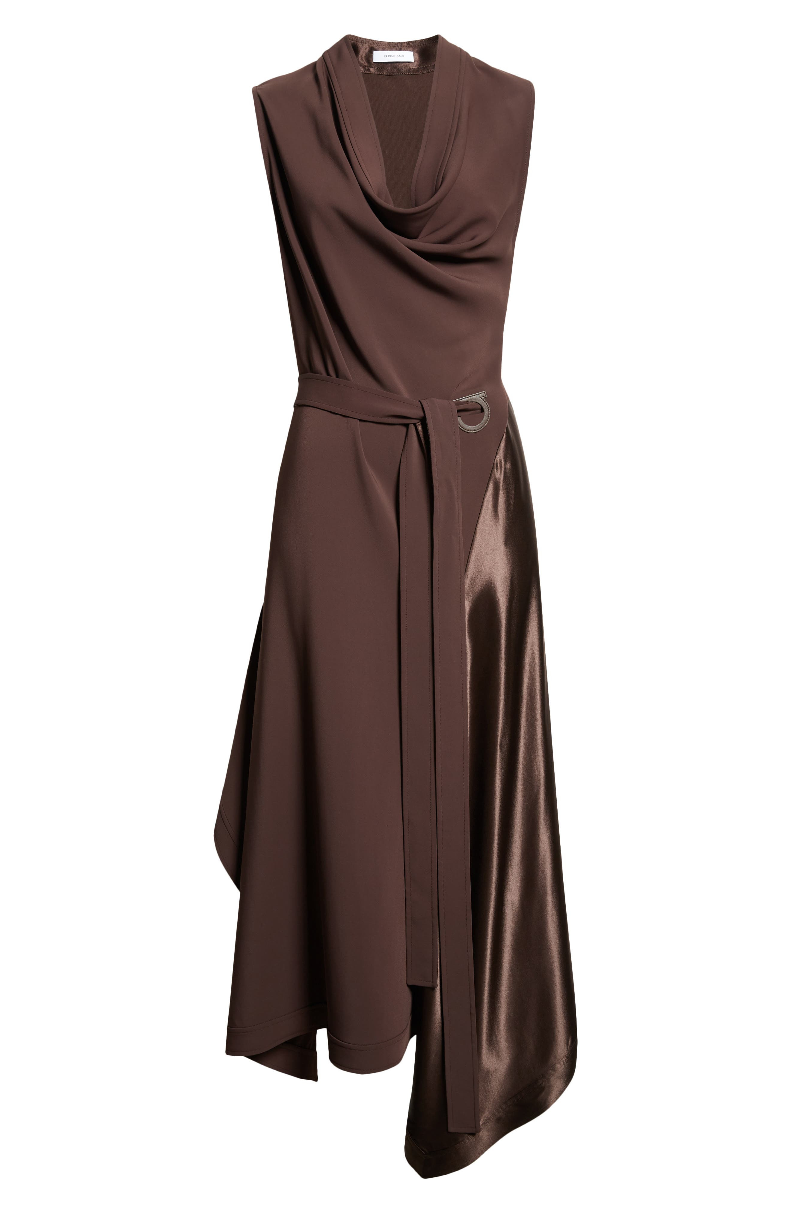 FERRAGAMO Belted Asymmetric Satin & Cady Dress in Expresso at Nordstrom - 5