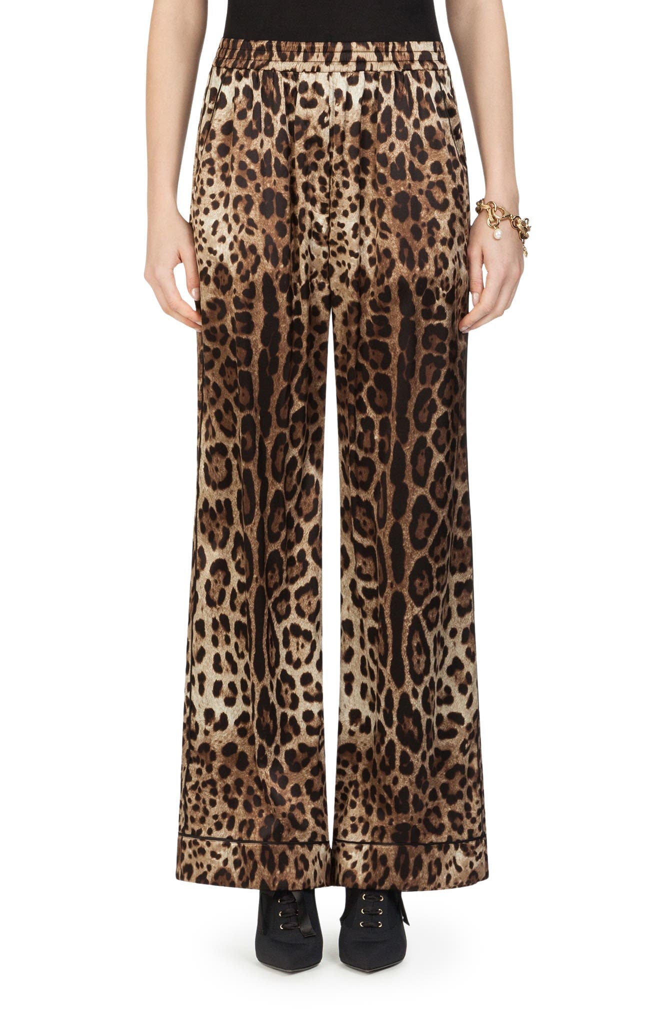 Leopard Print Wide Leg Stretch Silk Satin Pajama Pants - 1