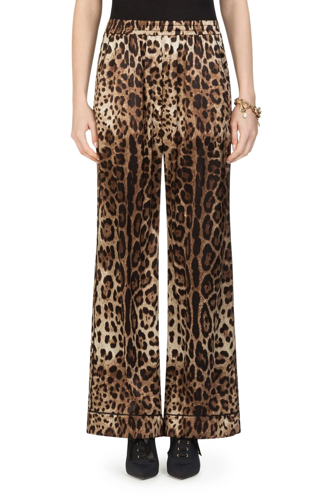 Dolce&Gabbana Leopard Print Wide Leg Stretch Silk Satin Pajama Pants in Hy13M Leo New at Nordstrom - 1