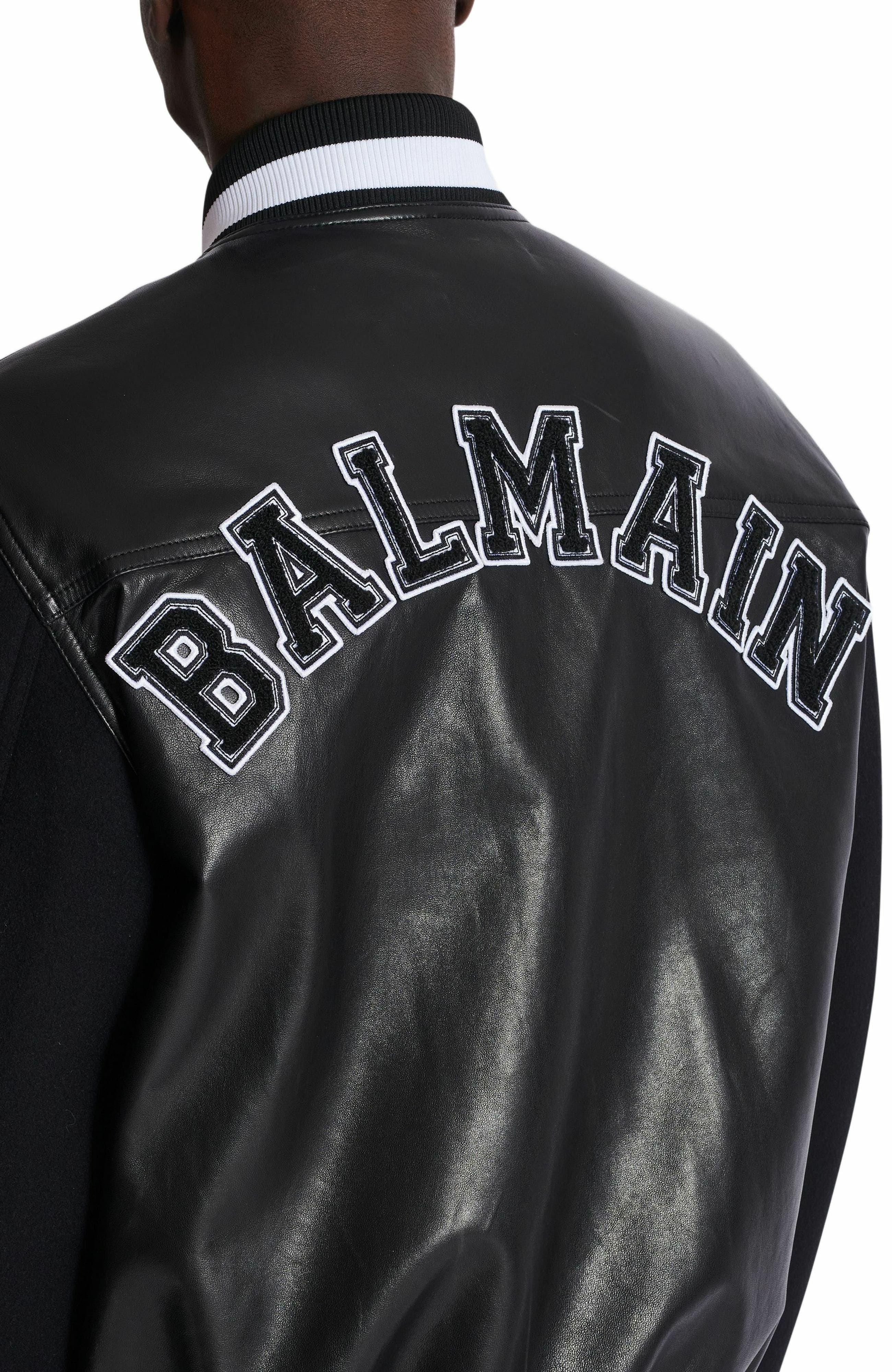 Balmain Varsity lambskin leather and wool jacket in Black at Nordstrom - 5