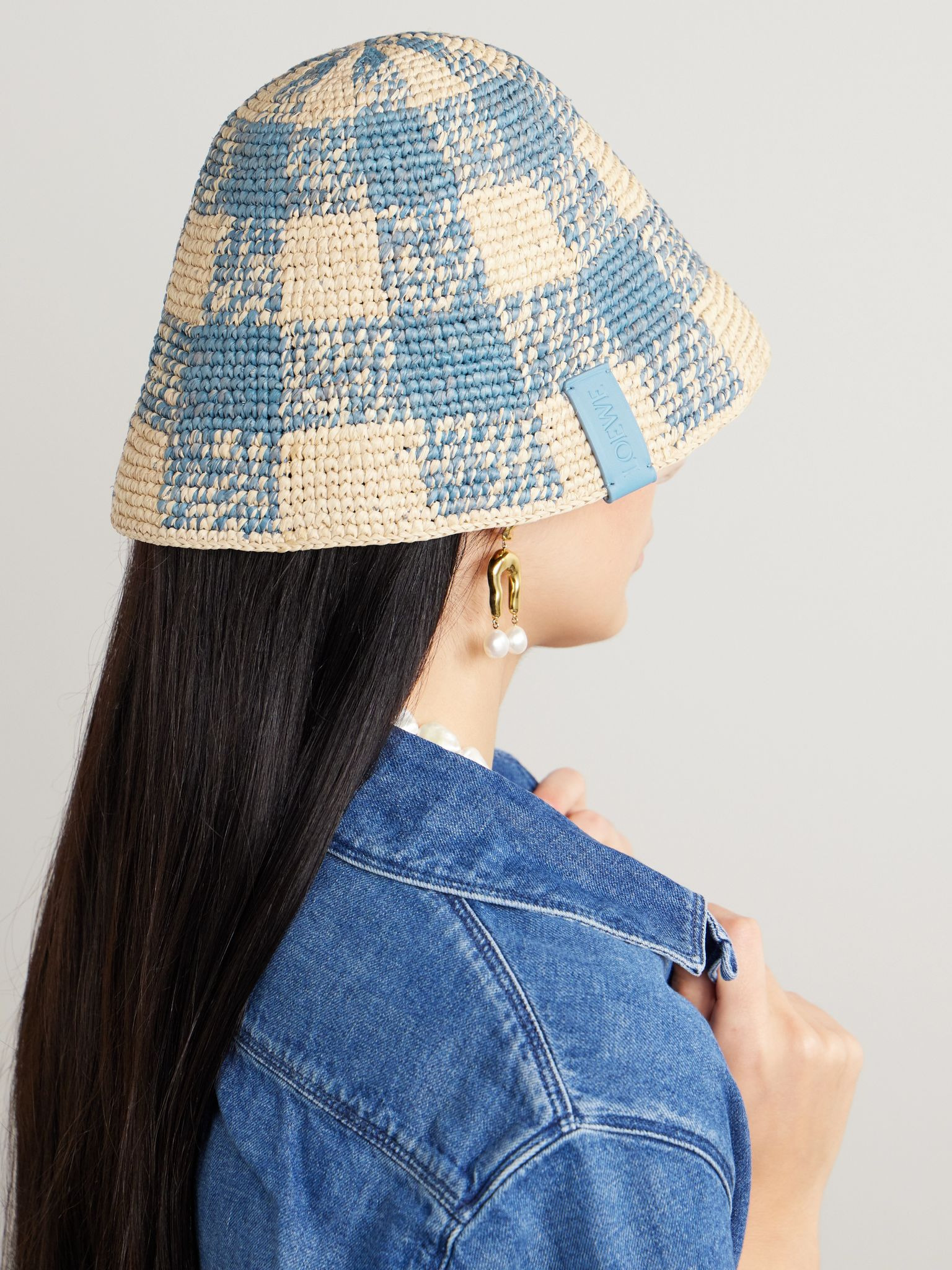 + Paula's Ibiza leather-trimmed checked raffia bucket hat Beige - 2