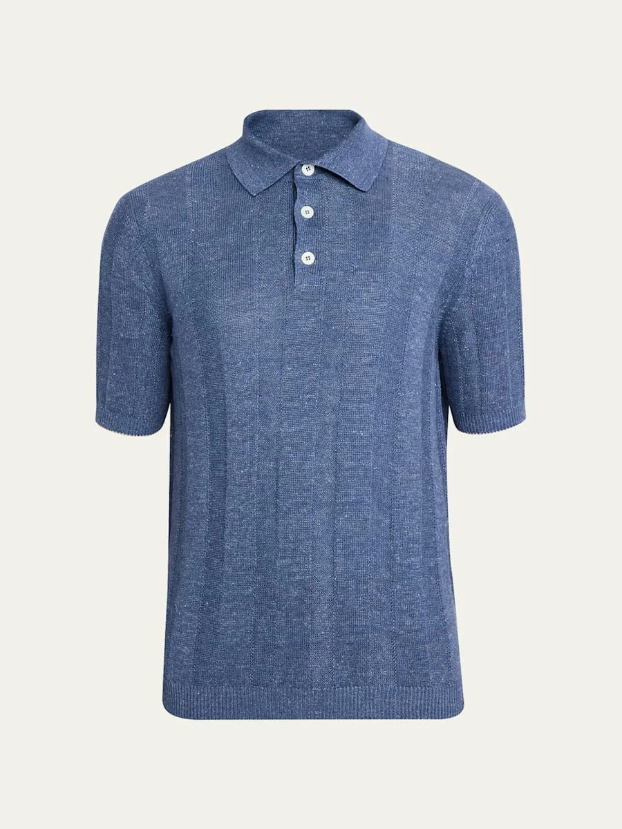 Men's Linen and Cotton Ribbed Short-Sleeve Polo Sweater - 1