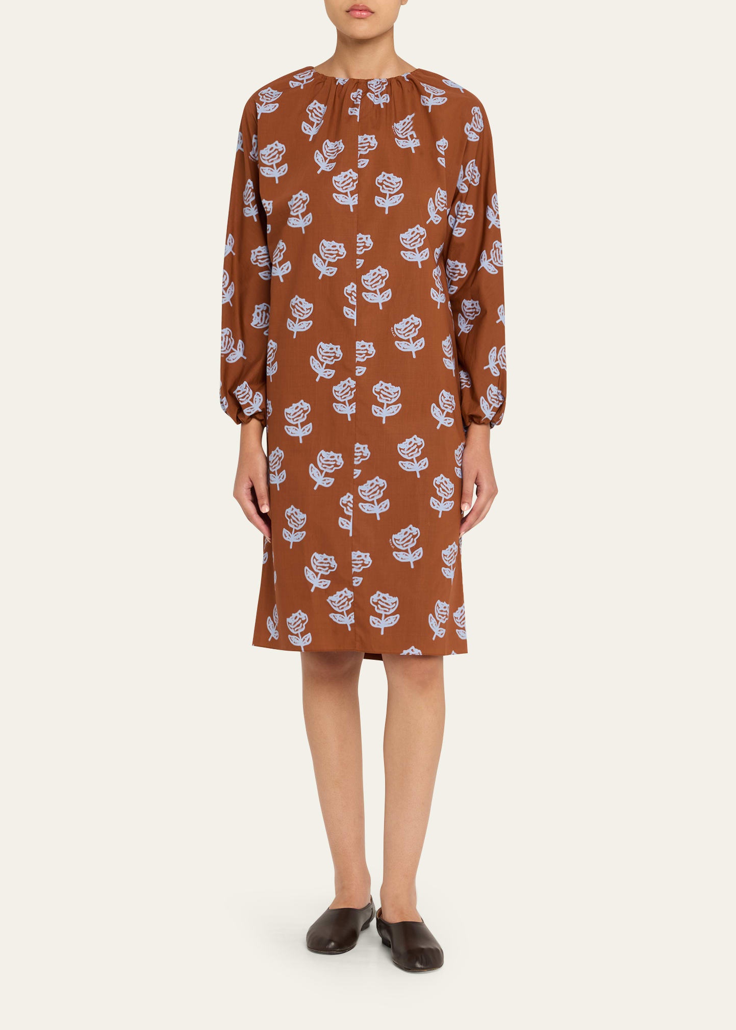 Floral Gathered-Neck Long-Sleeve Midi Dress - 2