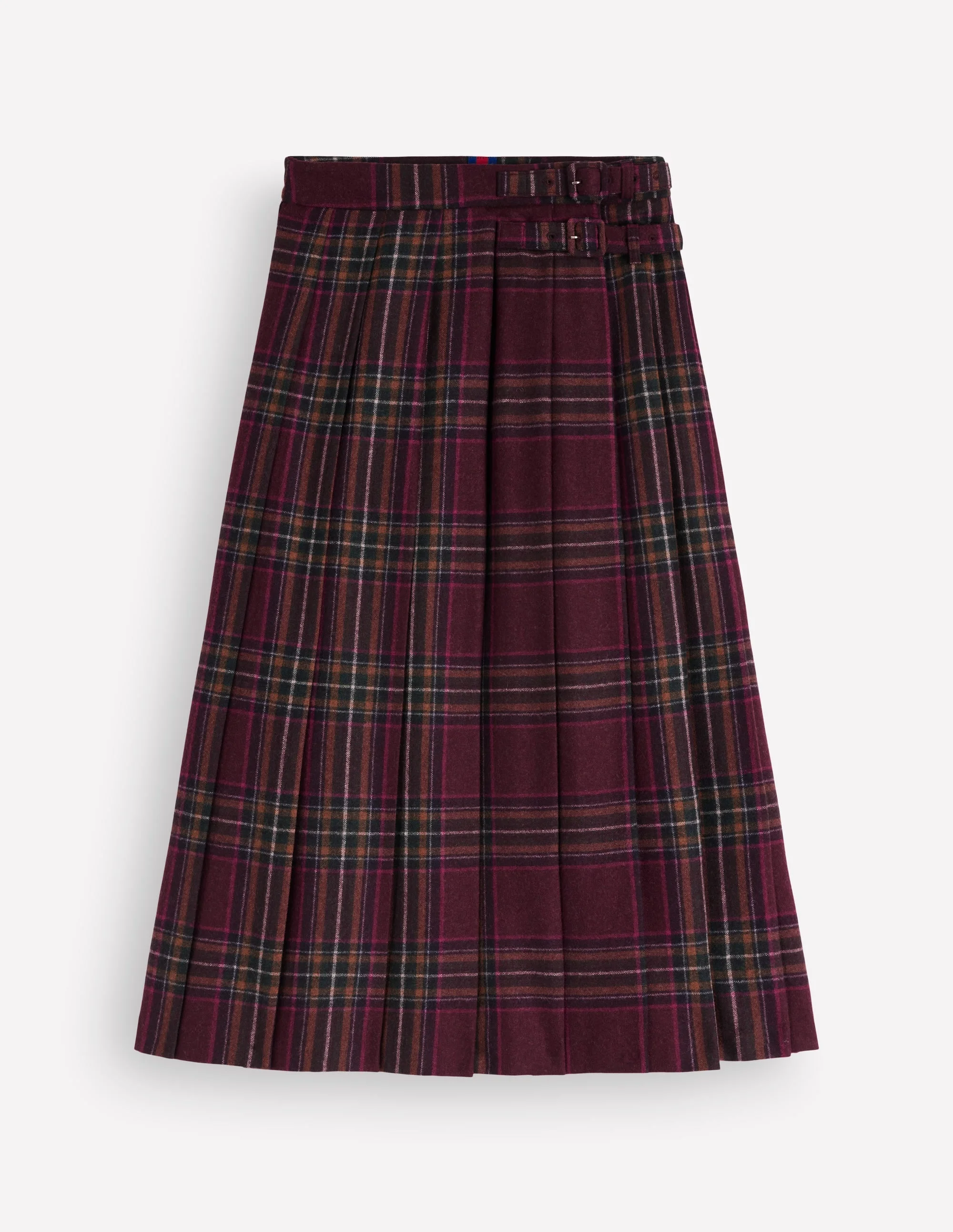 Pleated Midi Kilt-Maroon And Olive Check - 1