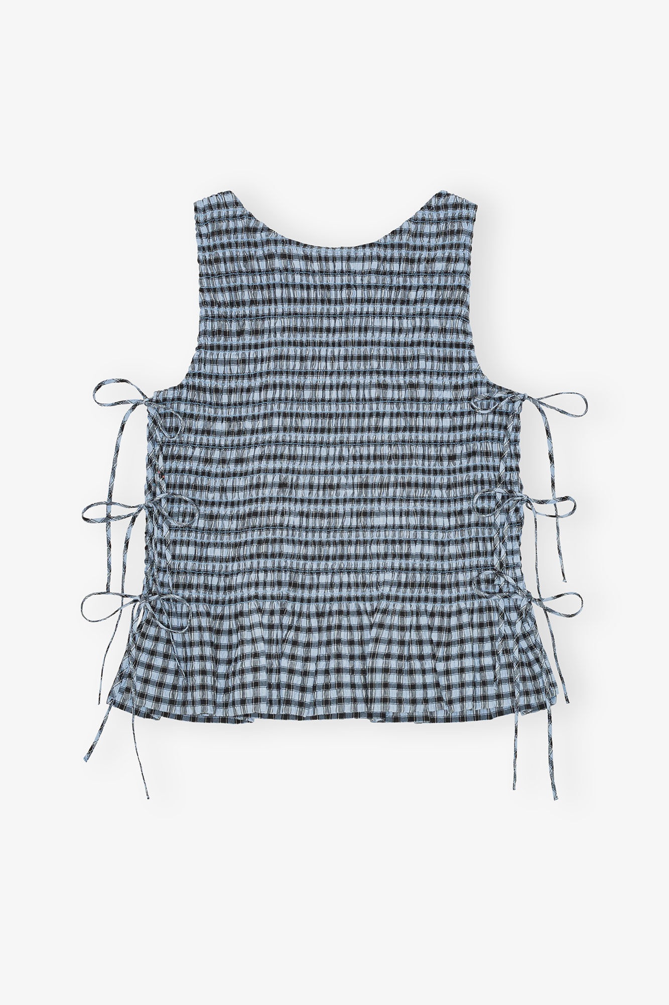 BLUE SEERSUCKER CHECK SMOCK TIE STRING TOP - 1